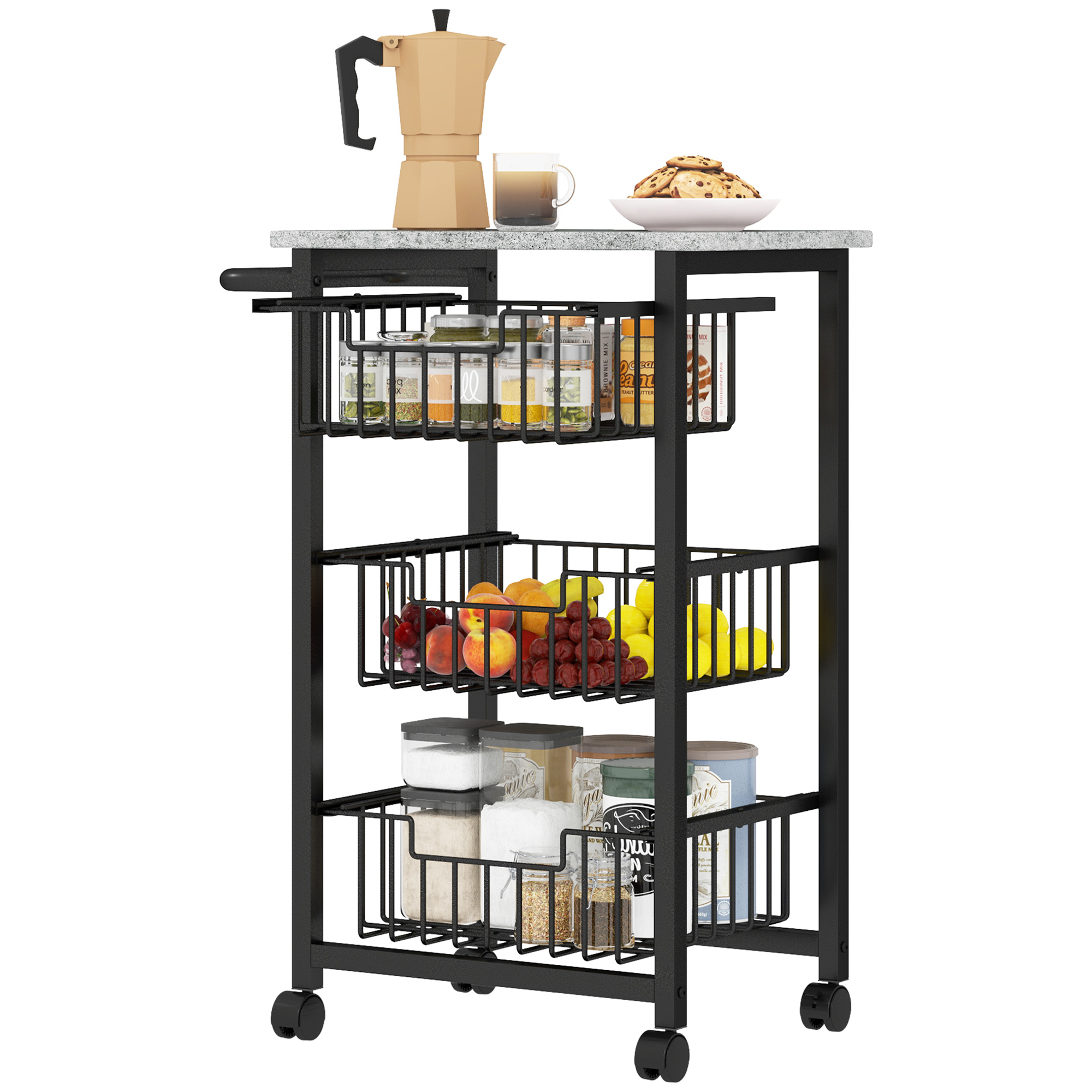 HOMCOM Küchenwagen mit 3 Körben und Griff, aus Stahl und Holz, 49,5x31x69 cm, Schwarz und Hellgrau