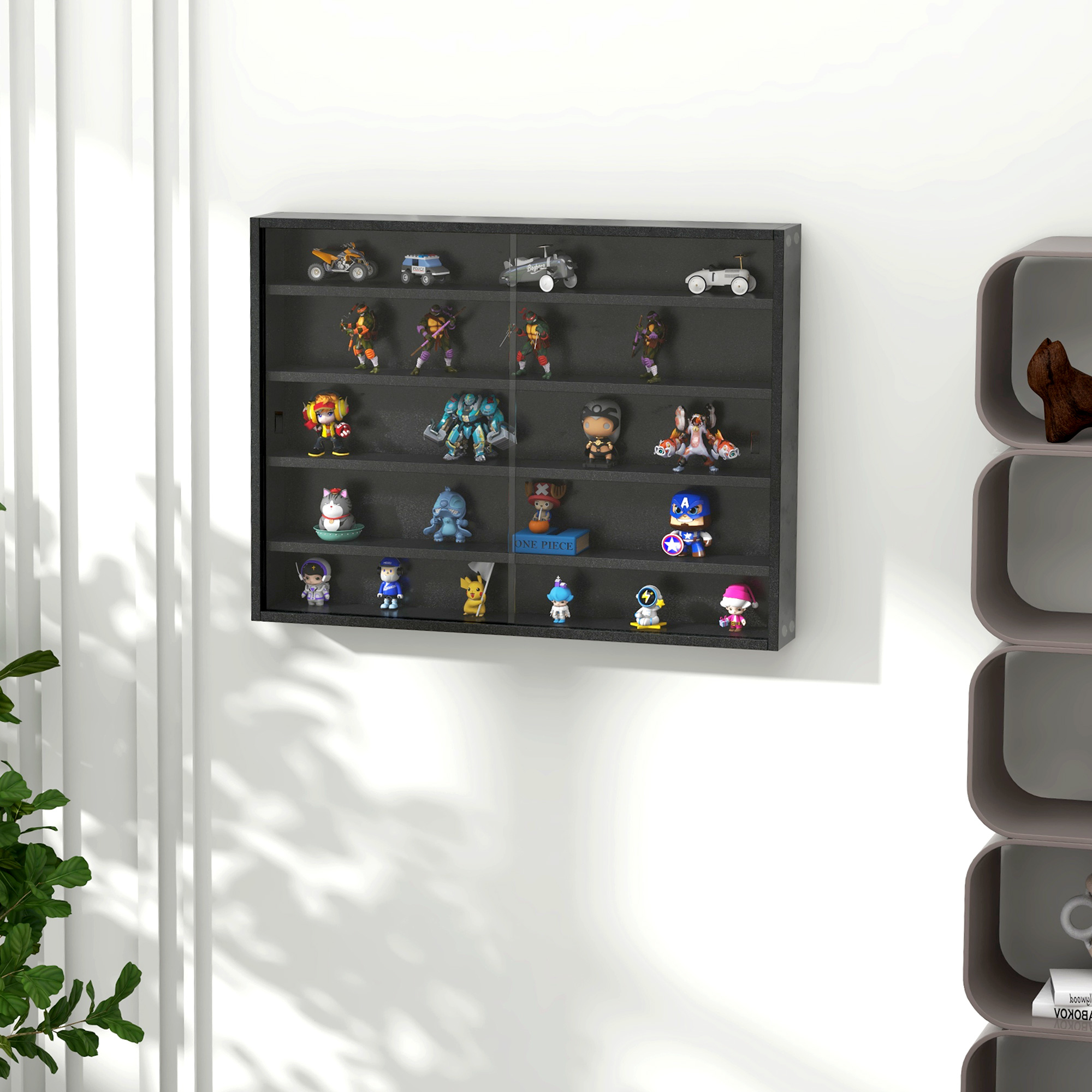 HOMCOM Wandvitrine für Sammlerstücke 5 höhenverstellbare Regale und 2 Glasschiebetüren 80 x 9,5 x 60 cm Schwarz