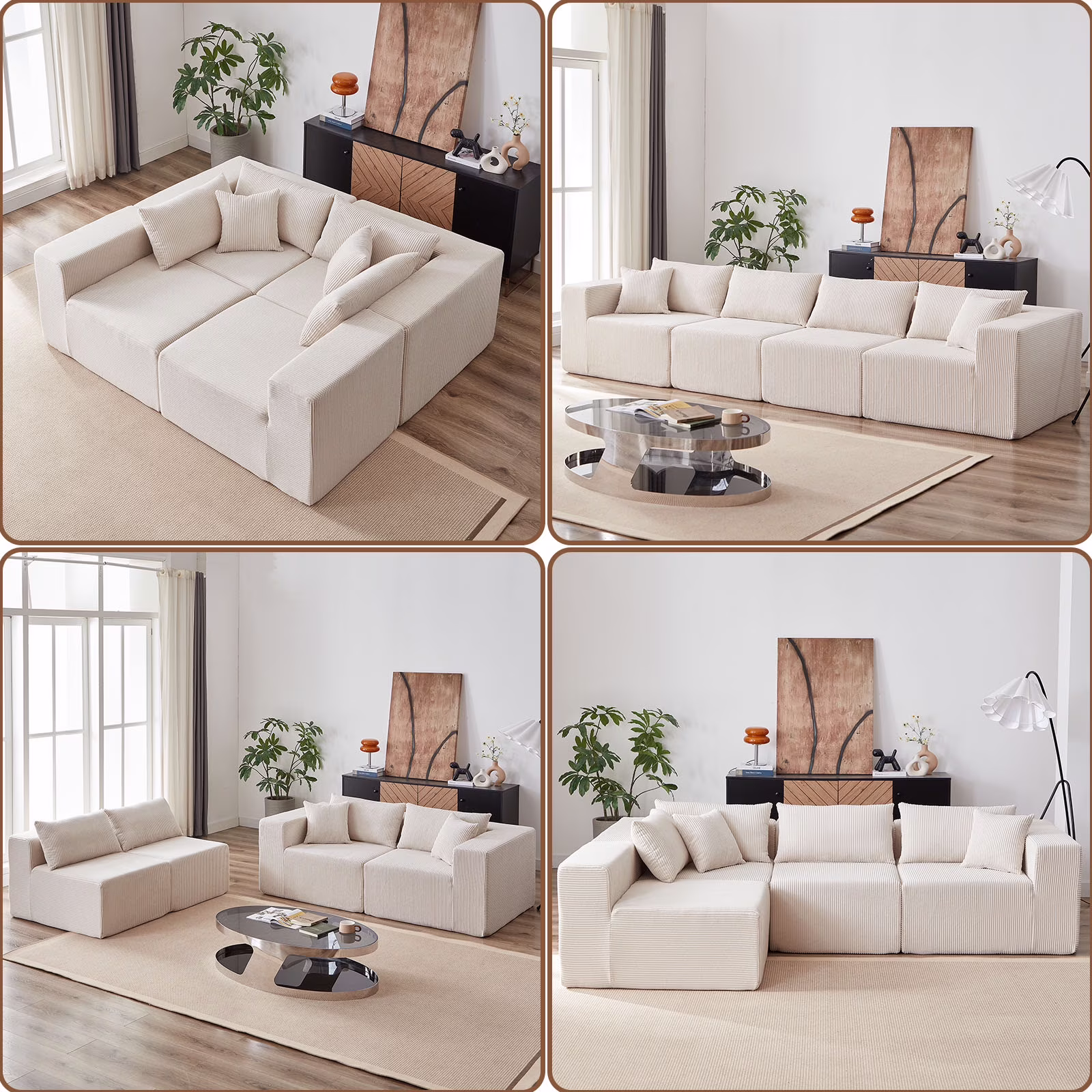 104-Inch Corduroy Modular L Shaped Sectional Sofa,Luxury Floor Couch Set,Upholstered Indoor Furniture,Foam-Filled Compressed Sofa for Living Room,Bedroom,4 PC Free Combination  ?