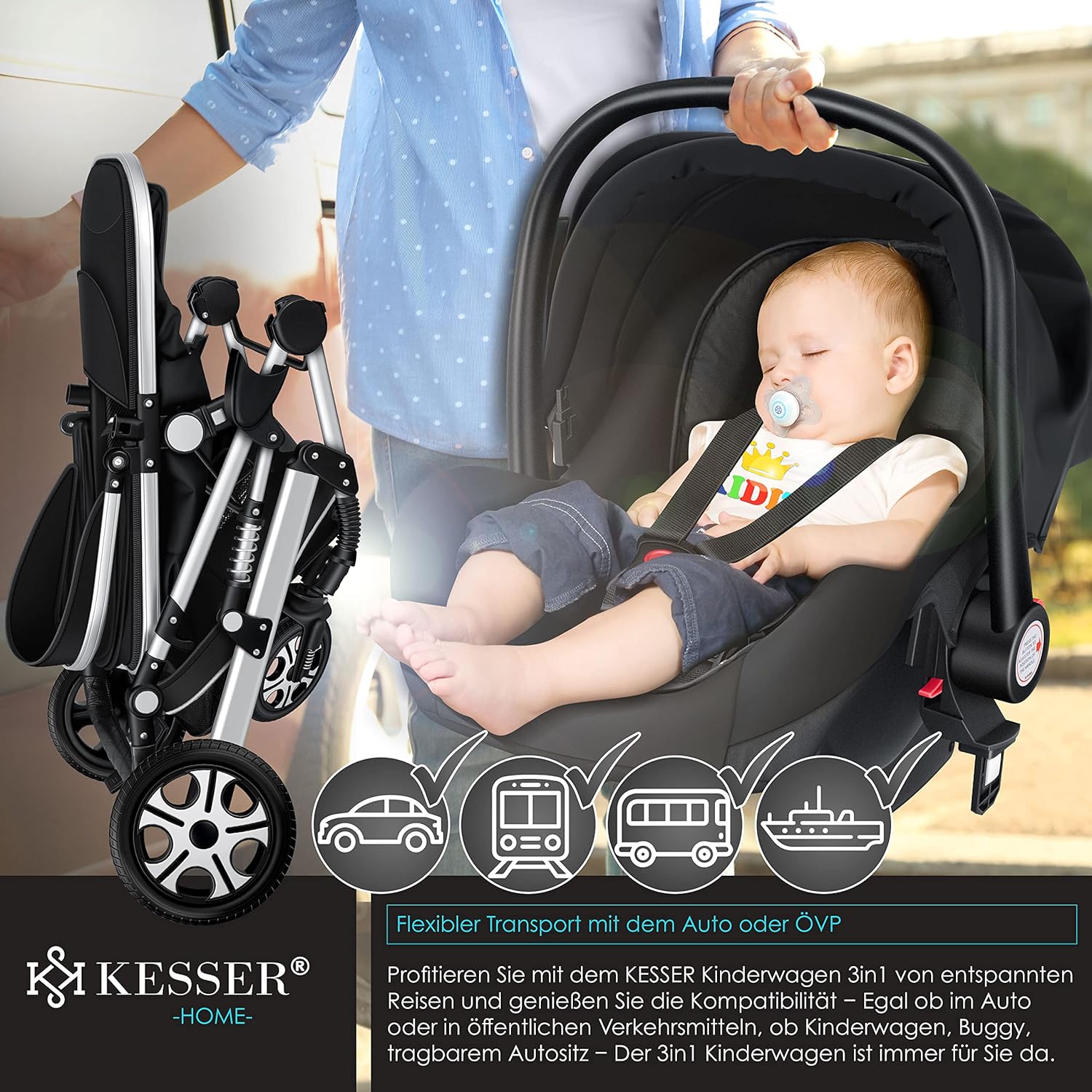 KESSER® Loops 3 in 1 Kinderwagen Kombikinderwagen Komplett-Set inkl. Babywanne & Buggy Sportsitz & Auto-Babyschale Voll-Gummireifen Wickeltasche Regenschutz Kindertisch ECE R129, Schwarz/Schwarz