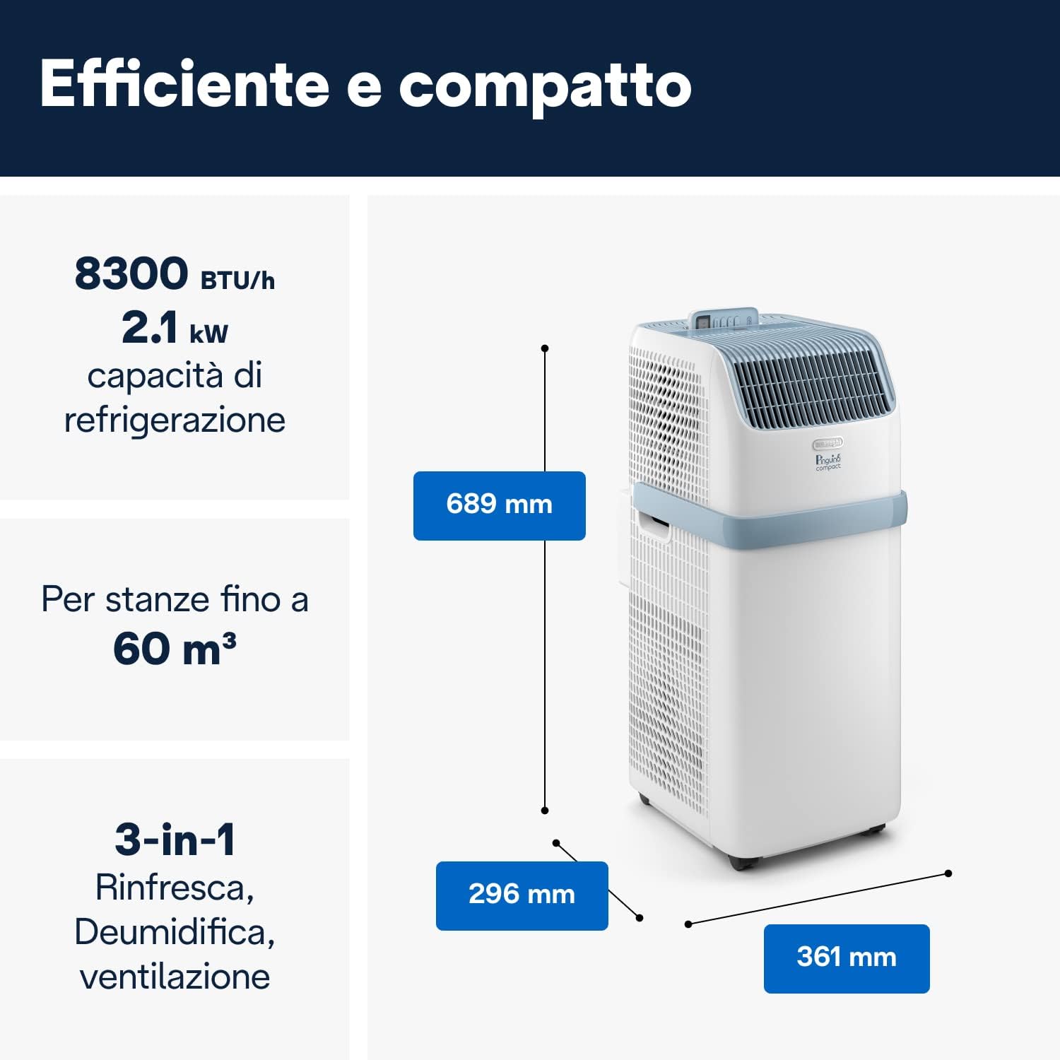 Pinguino Compact ES72 YOUNG, Condizionatore Portatile Silenzioso 8.300 BTU/h, 2.1 kW, 60m3, Gas R290, Funzione Deumidificatore, Timer 24 ore, Classe Energetica A, Bianco