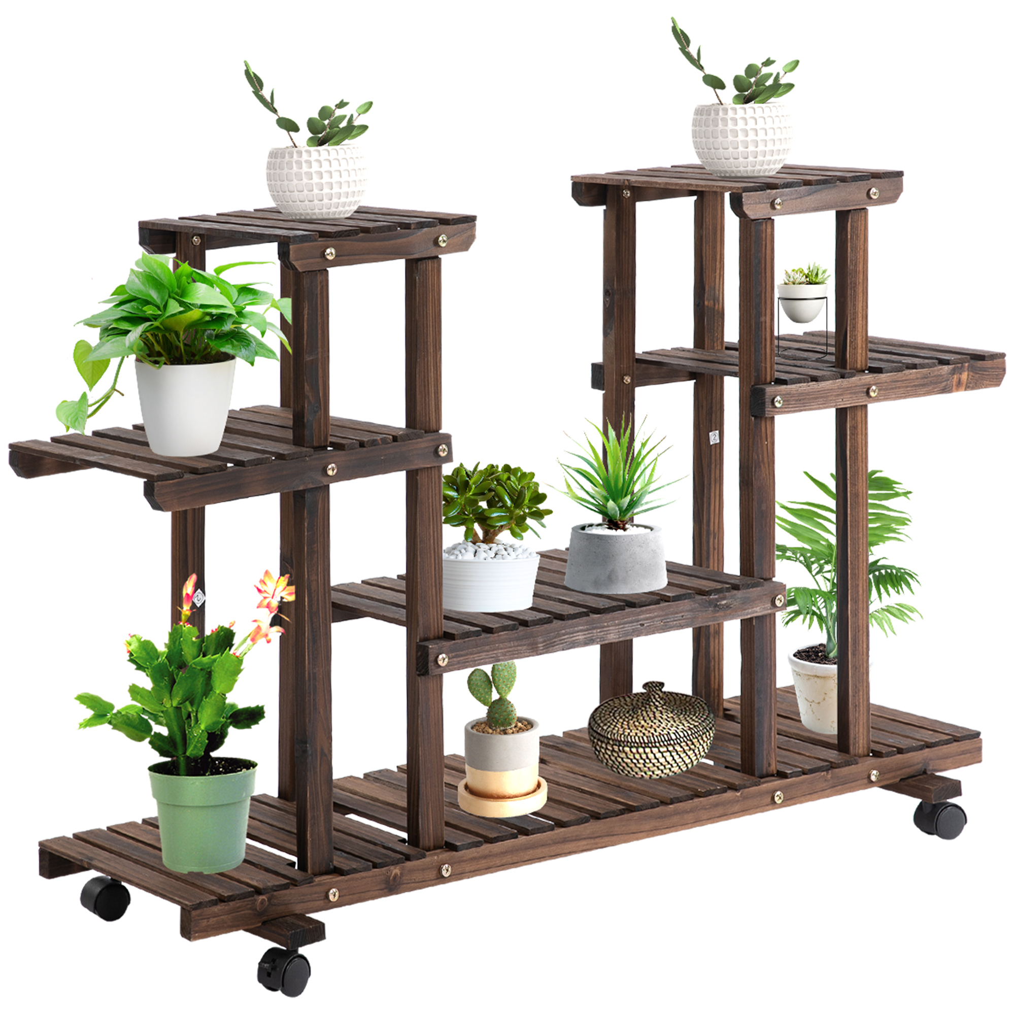 Outsunny Blumentreppe 6 Regale 4 Rollen 123,5 cm × 33 cm × 80 cm Massivholz Braun 123,5 cm × 33 cm × 80 cm