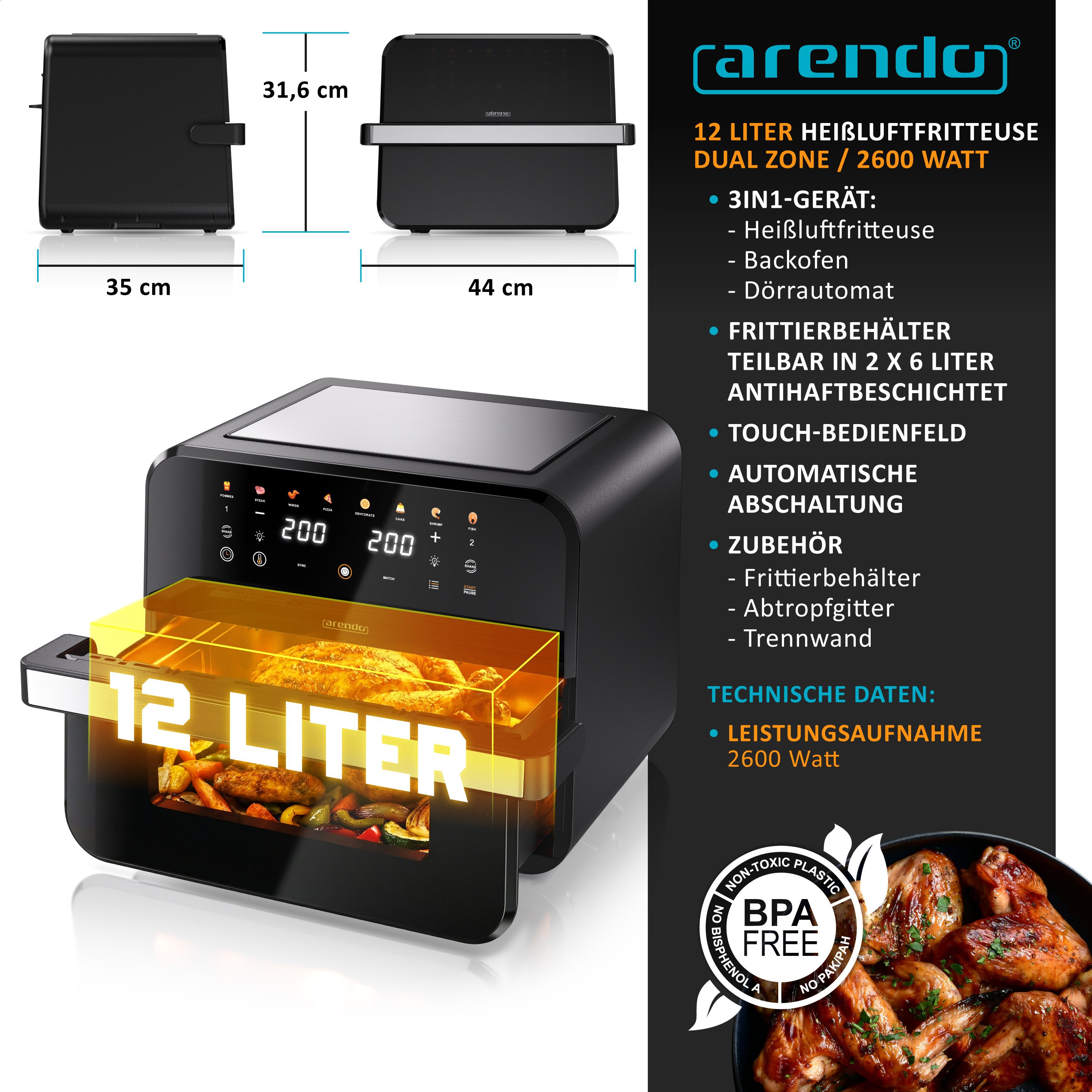 Heißluftfritteuse mit 2 Kammern Nebeneinander, XXL Doppelkammer Airfryer 12L, Dual Zone