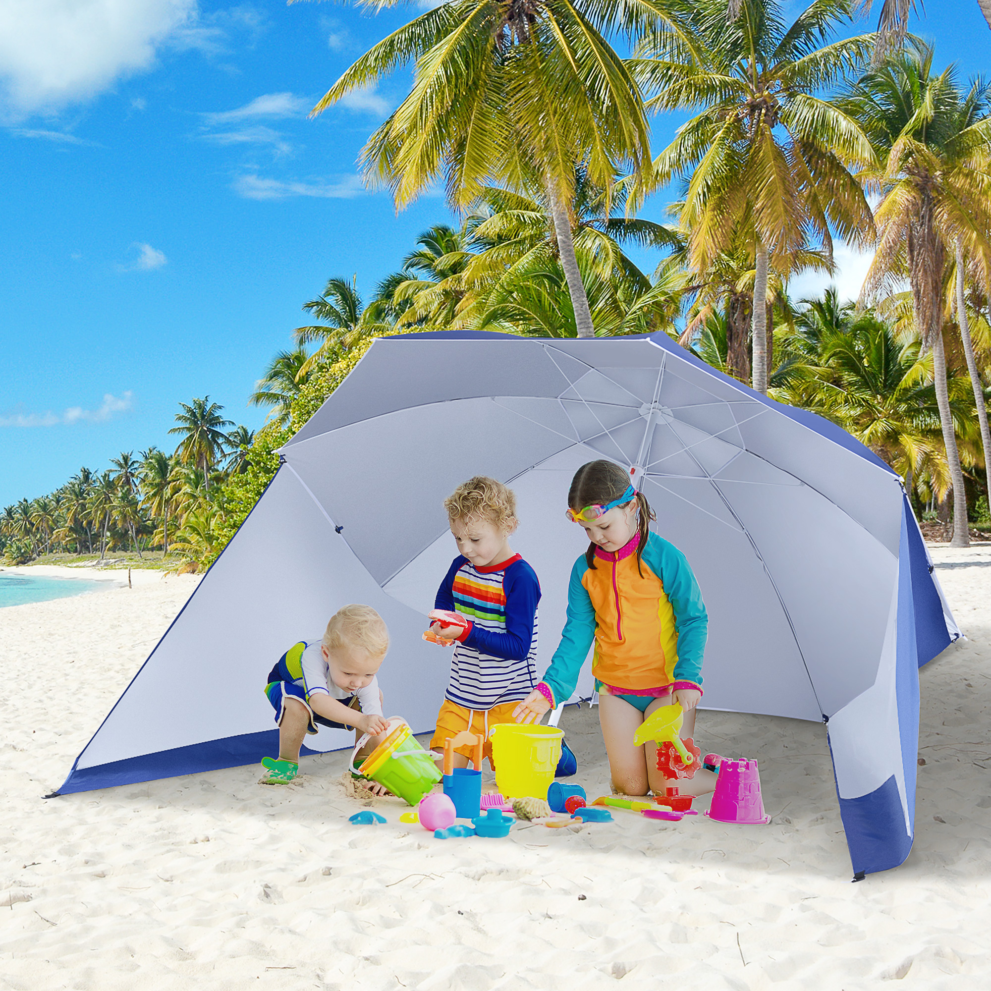 Outsunny 2-in-1 Sonnenschirm Strandmuschel Strandschirm Sonnenschirm, 210 cm x 210 cm x 222 cm, Blau + Weiß