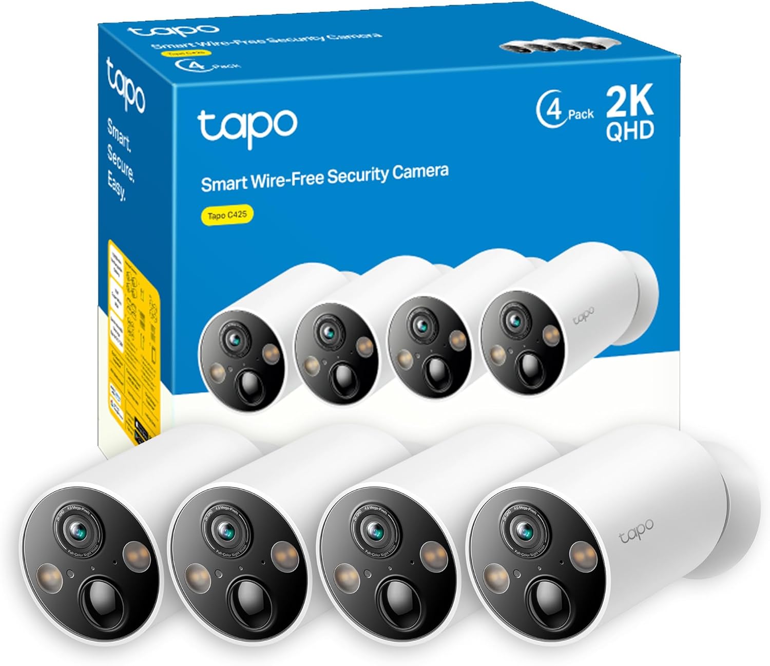 Tapo C425 Telecamera WiFi Esterno Senza Fili 2K 4MP con Base Magnetica, Batteria 300Dì, Allarme su Rilevamento Movimento, IP66, Audio Bidirezionale, Visione Notturna a Colori, Nessun Hub Richiesto 4pz
