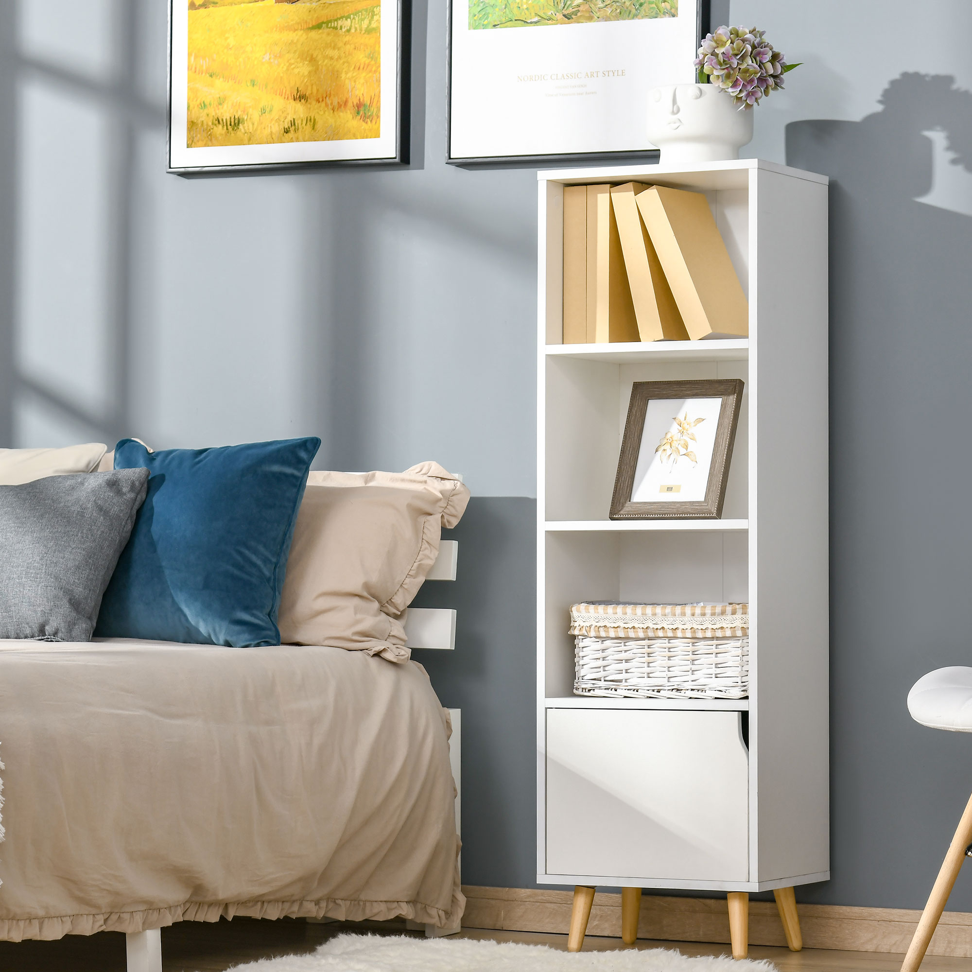 HOMCOM Bücherregal Regal Column Storage für Wohnzimmer, Badezimmer Weiß aus Holz Maße 40B x 30T x 130H cm