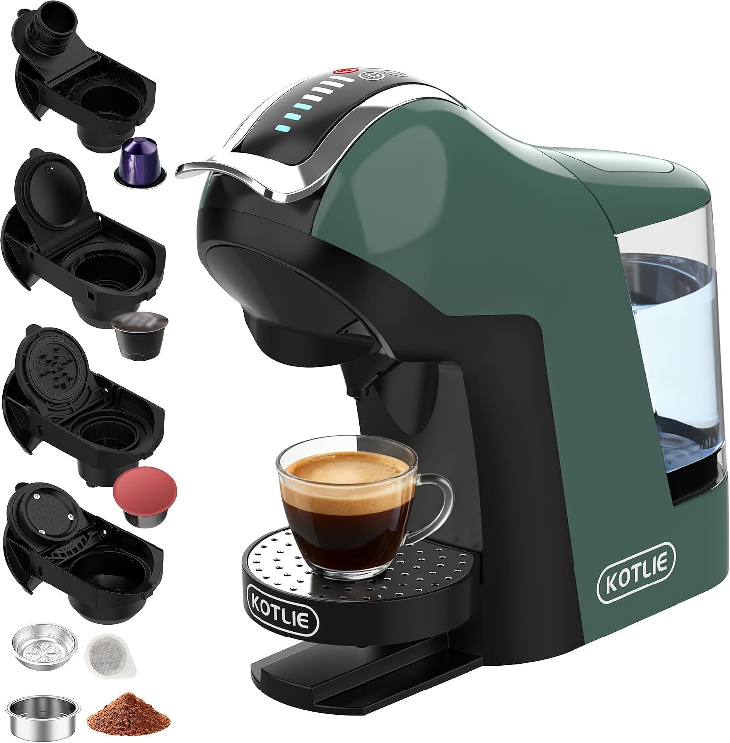 KOTLIE Macchina da caffè multifunzione compatibile con capsule e polvere, 3 tempi, 7 livelli di acqua, serbatoio acqua da 1 L (EM-308B)