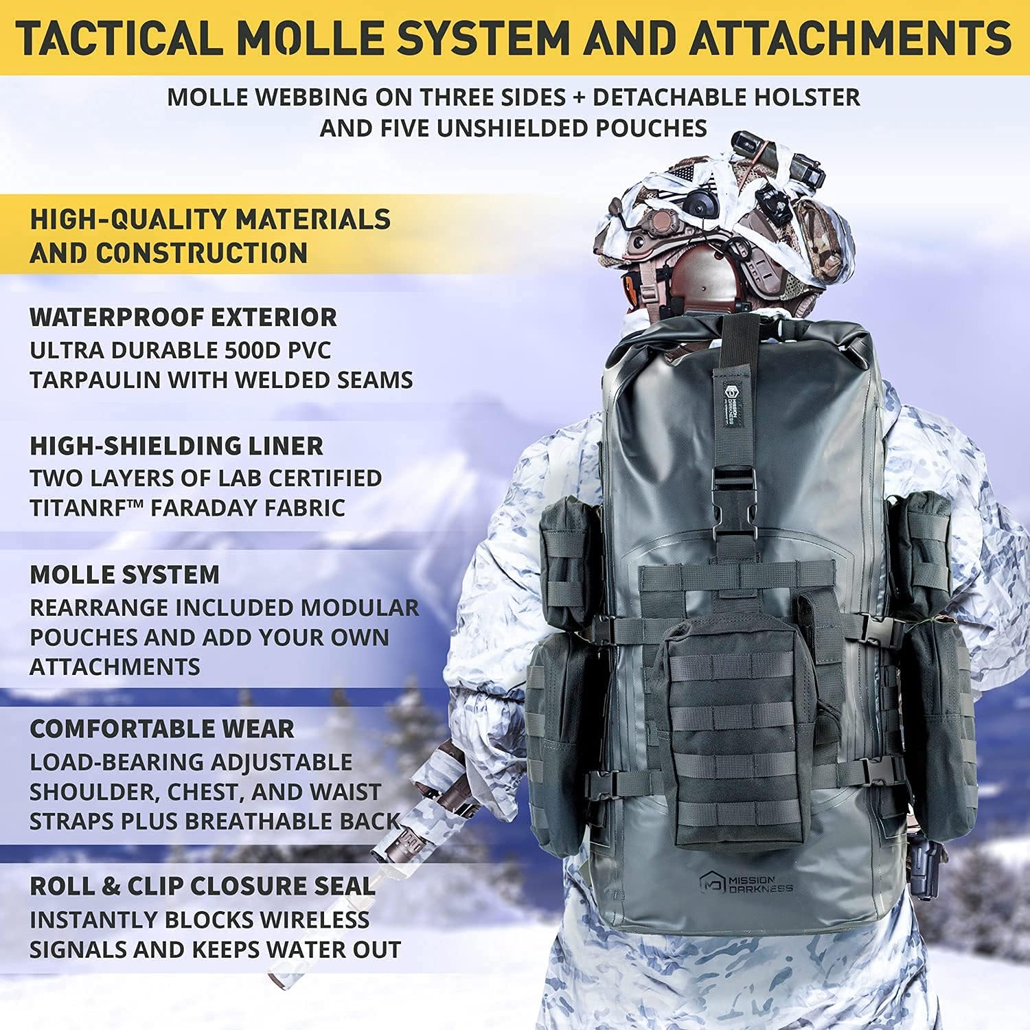 Mission Darkness Dry Shield Faraday Rucksack 40 Liter Fassungsvermögen // Wasserdichte taktische Tasche mit abnehmbaren MOLLE-Taschen, signalblockierendem Anti-Hacking-EMP-Schild für Elektronik