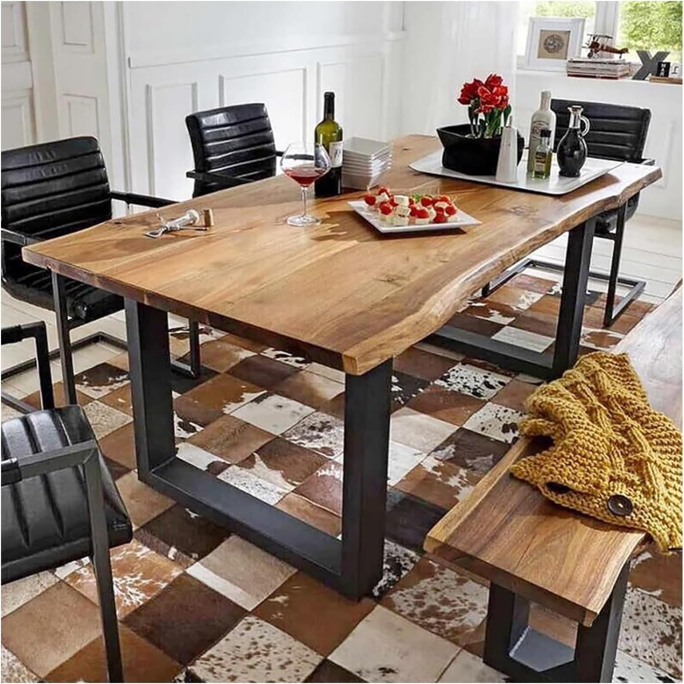 Tavolo da pranzo in legno massello Live Edge, tavolo rettangolare da fattoria industriale con base in metallo, per cucina e sala da pranzo (L160 x L70 x A75 cm) – Design rustico durevole mobili
