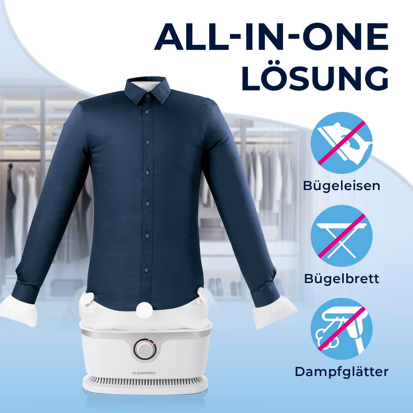 CLEANmaxx Automatischer Hemden-Bügler zum Trocknen und Gltten von Hemden & Blusen inklusive Aufsatz für Hosen | Die innovative und schonende Art, Ihre Wsche zu gltten