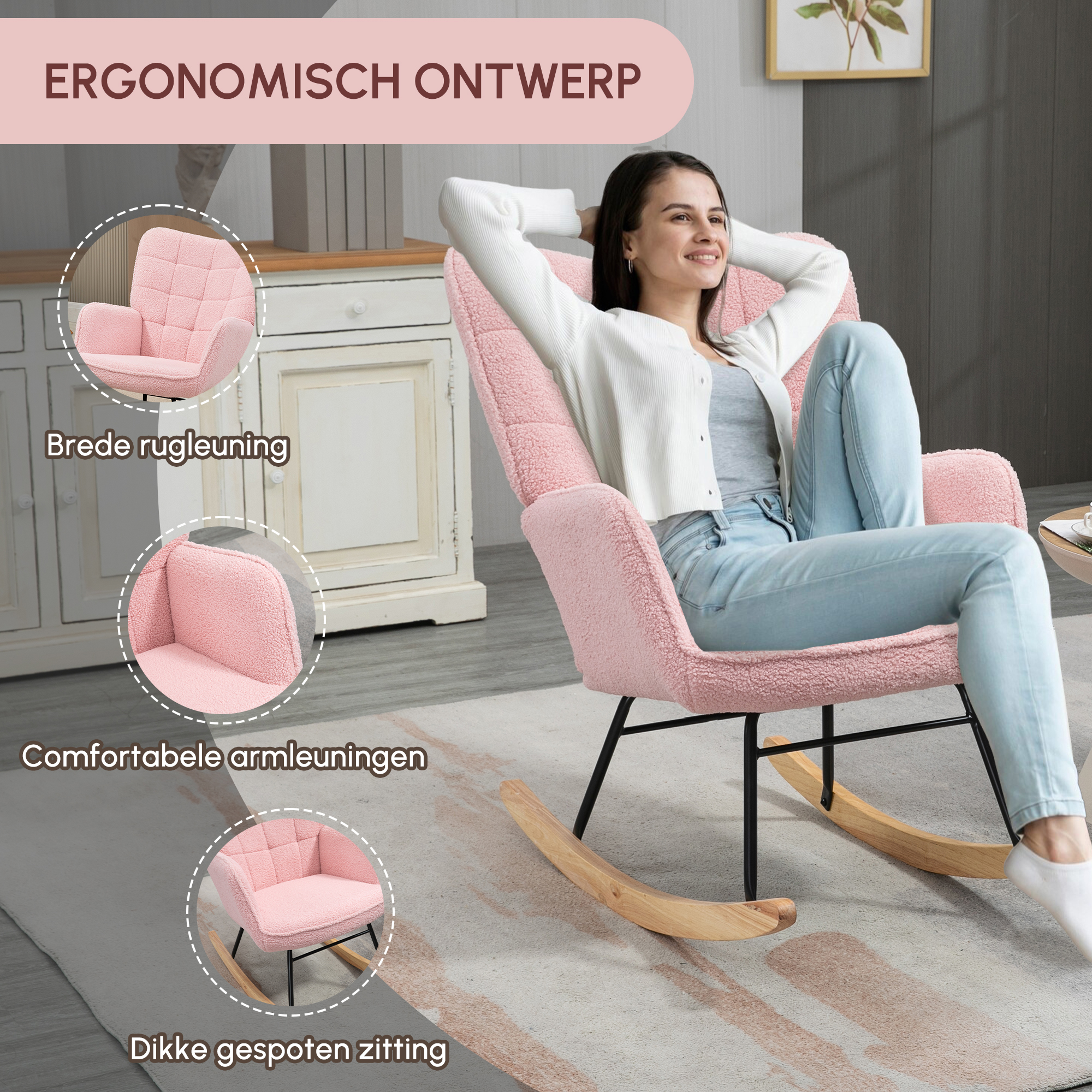 Schommelstoel in retro design, relaxfauteuil, massief hout, roze