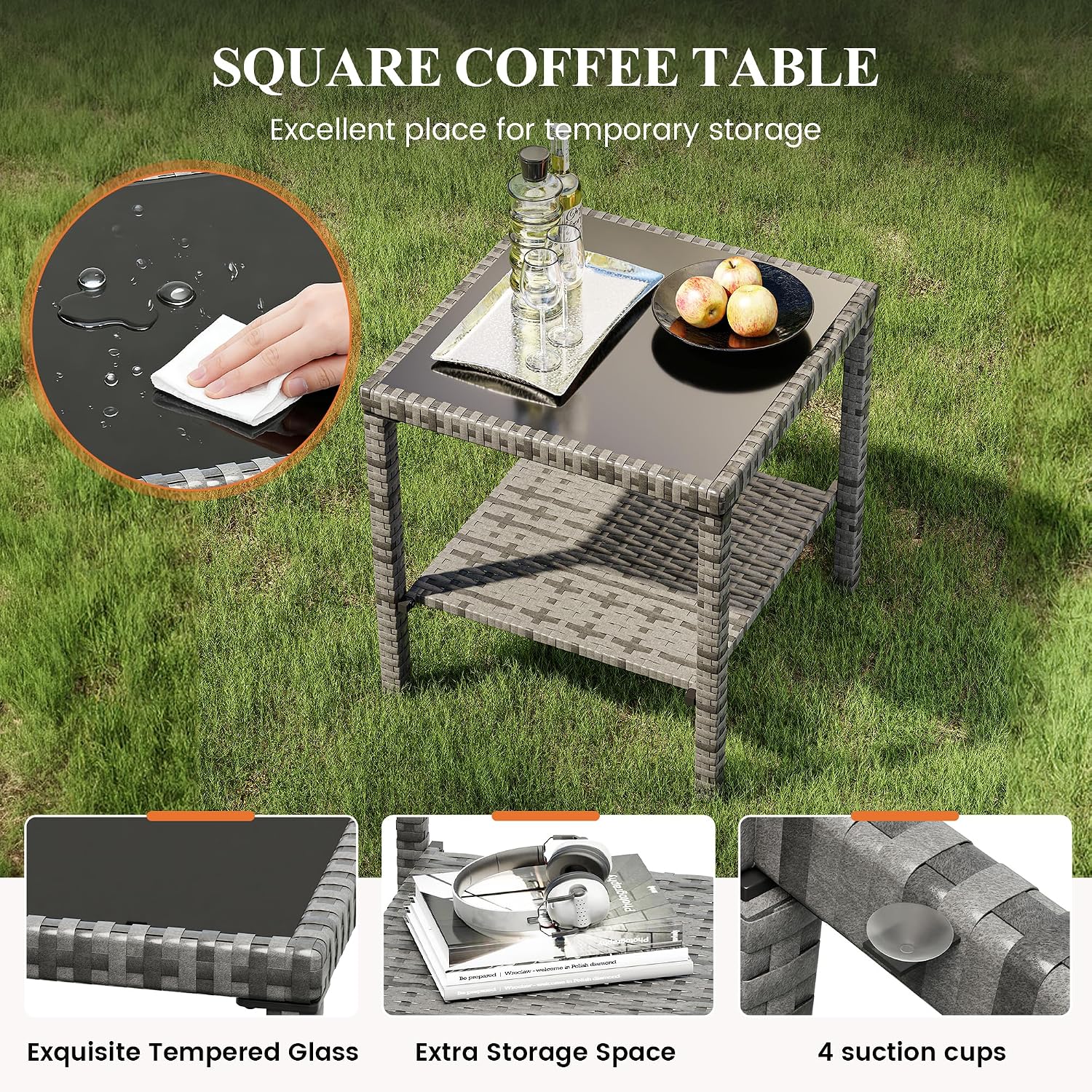 UDPATIO Set di 3 Lettino Prendisole, Poly Rattan, con Cuscino Testa e Tavolo, 5 Regolazioni, Lettini Prendisole da Giardino Impermeabili, per Esterno, Jardín, Patio (Grigio)