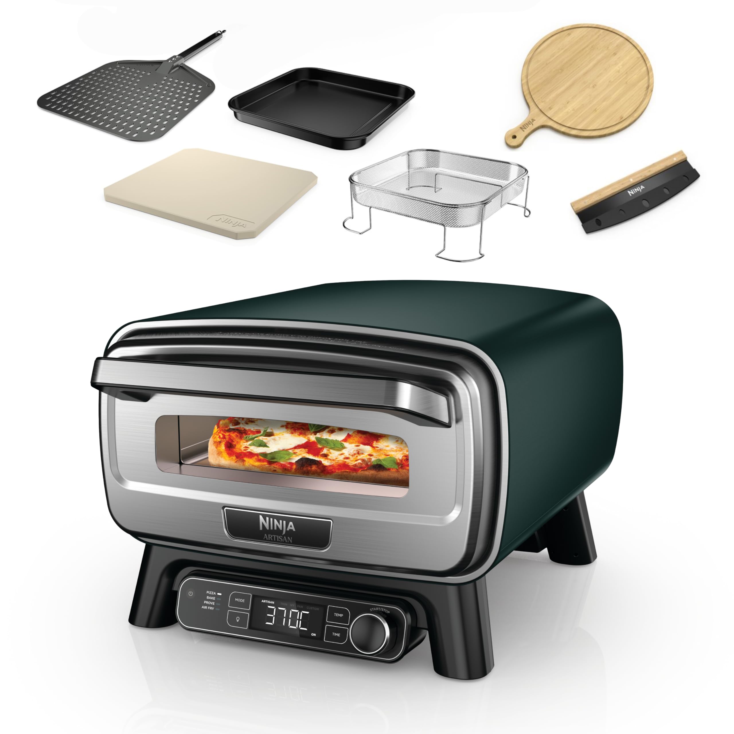 Elektrischer Outdoor-Pizzaofen und Heißluftfritteuse mit 4 Funktionen, 13 L, 370 °C, inkl. Pizzastein, Pizzaschale und Zubehör, Grün