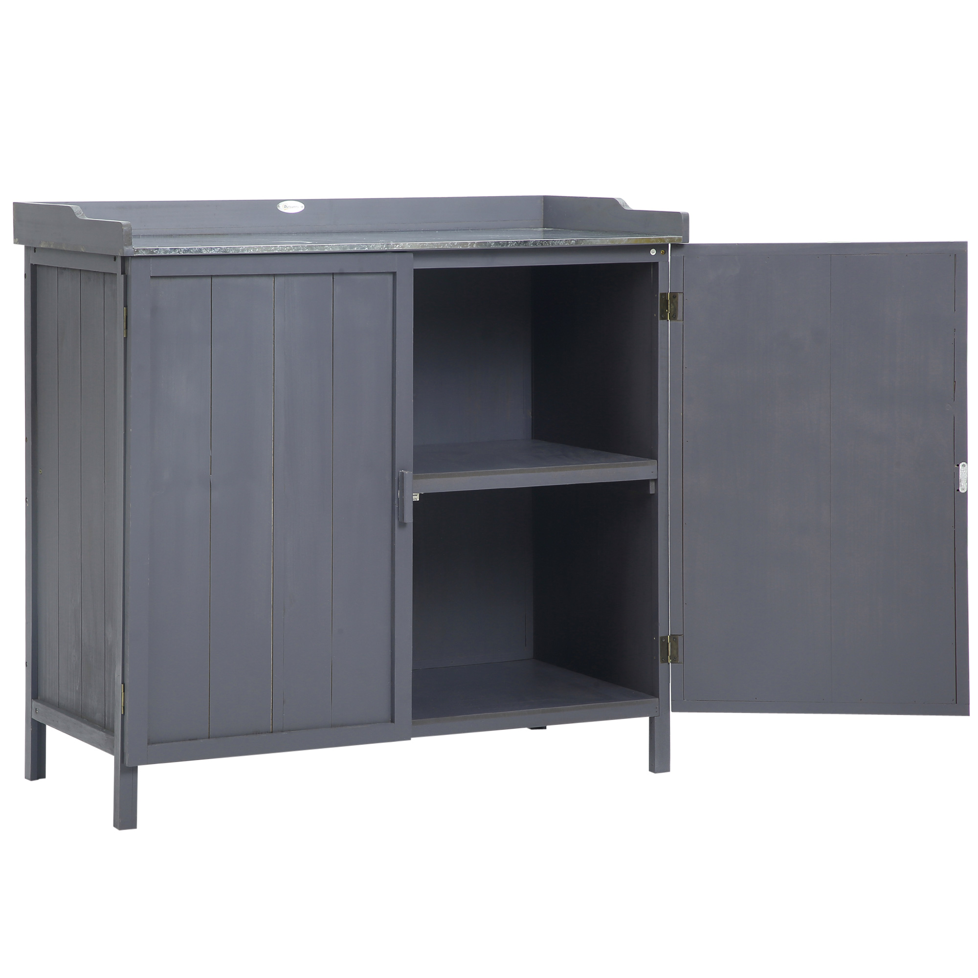 Outsunny Freistehender Gartenschrank-Pflanztisch-Kombination Doppeltür, Regal, verzinkte Metallplatte - grau