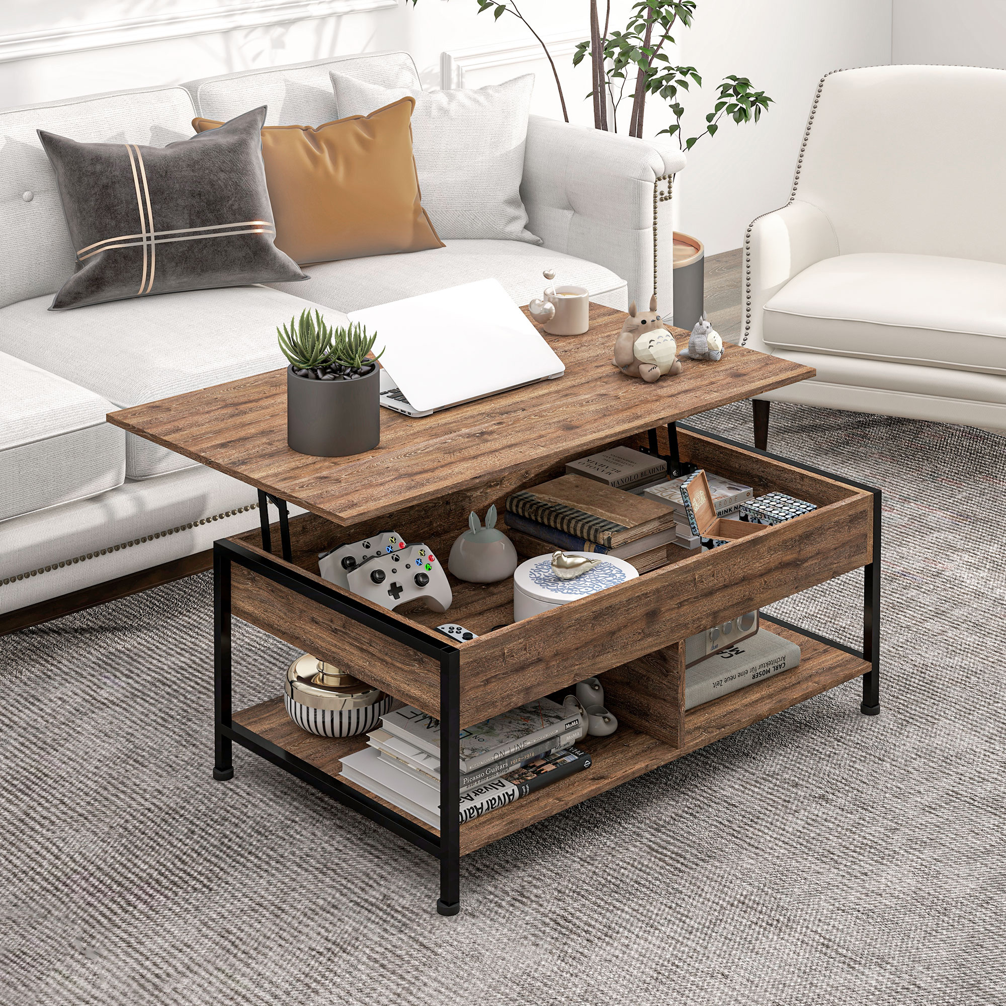 HOMCOM Couchtisch mit klappbarem Tablett - Wohnzimmer Couchtisch mit verstecktem Fach 2 unteren Regalen 100 x 80 x 60 cm rustikales Braun Schwarz