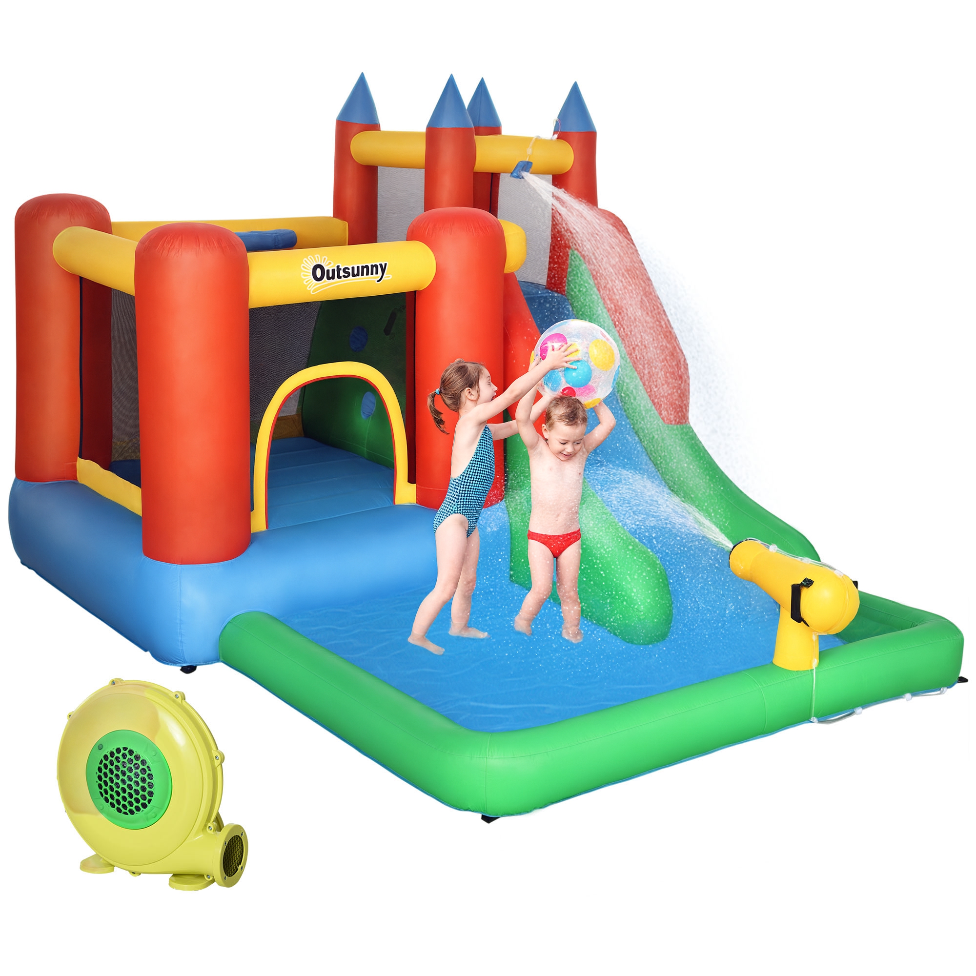 Outsunny Hüpfburg mit Gebläse Rutsche Wasserrutsche aufblasbar für 4 Kinder Wasserhüpfburg Garten XXL Springburg für 3-8 Jahre Kinder Oxford-, Polyester-Gewebe mehrfarbig 330 x 245 x 215 cm