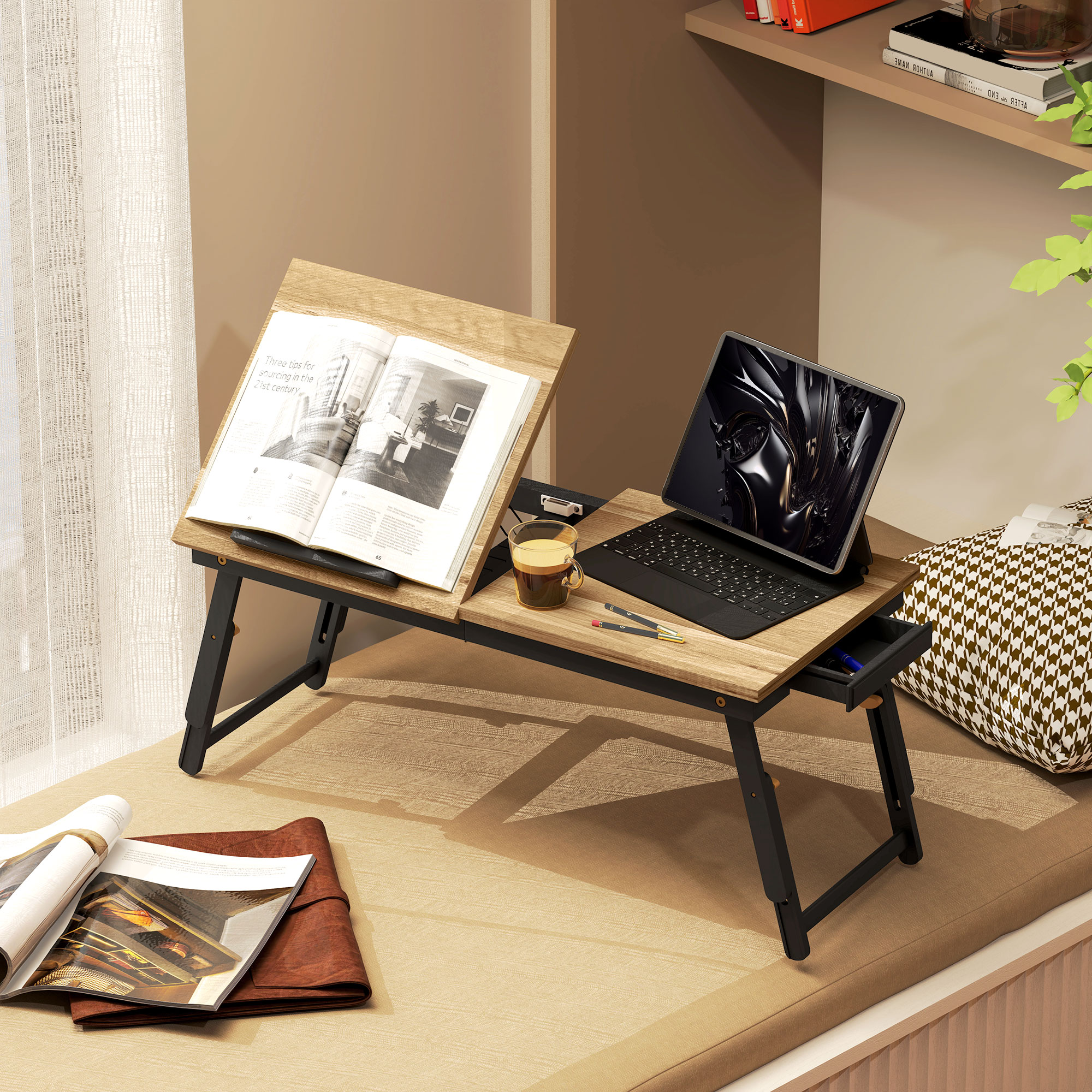 HOMCOM Laptoptisch, höhenverstellbar und klappbar, Laptoptisch aus Bambus - neigbare Tischplatte, Schublade, Eiche