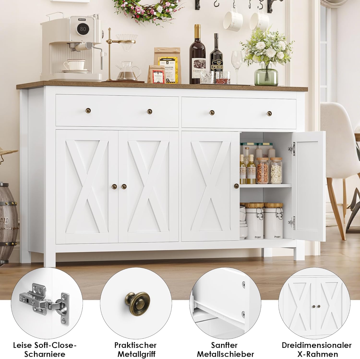FirFurd Sideboard 140cm Breit Küchenschrank mit Arbeitsplatte Buffetschrank mit 2 Schubladen und 4 Türen Küchenbuffet mit Verstellbares Regal Sideboard für Küche Wohnzimmer Esszimmer weiß 140x89x40 cm