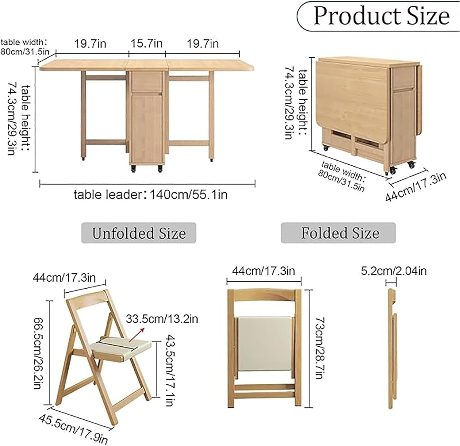 Tavolo da pranzo pieghevole in legno allungabile con 4 sedie, design a foglia di 140 cm, per cucina, sala da pranzo, soggiorno, ristorante, salvaspazio, elegante e versatile