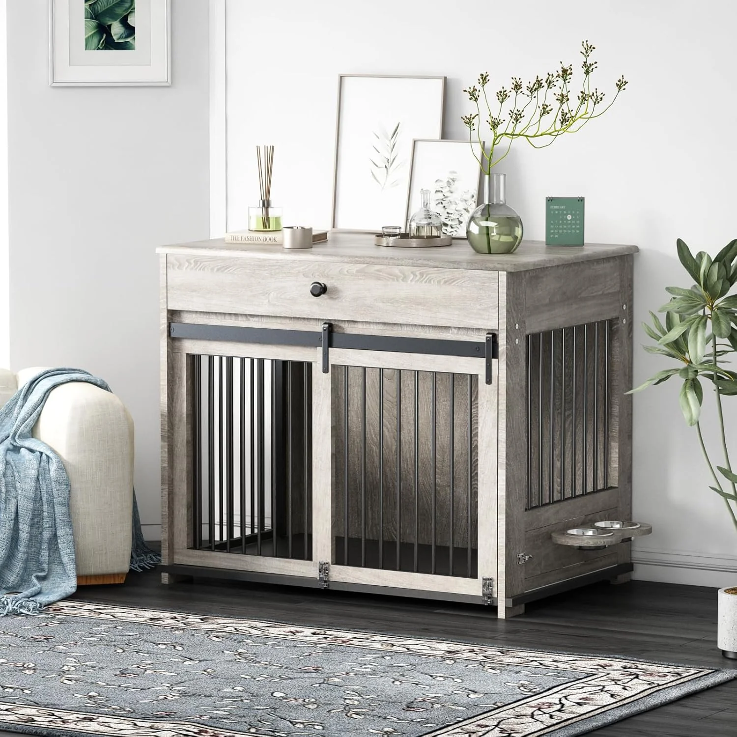 Wooden dog cage furniture, indoor kennel, with flip-up door, 360° rotating dog bowl and storage drawer, suitable for medium to large-sized dogs, durable dog cage, white.