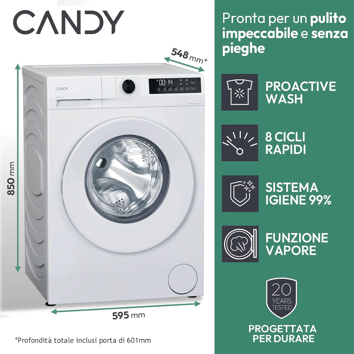 Candy ProWash 300 Lavatrice 10 Kg, 1400 Giri, Classe A-20%, Bianca