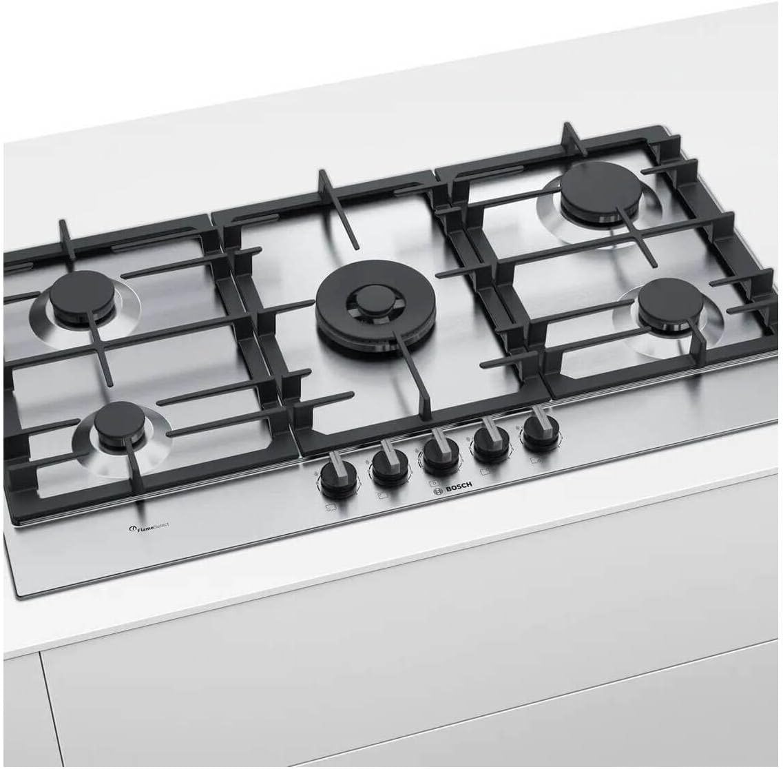Bosch PCR9A5B90 Serie 6, Piano cottura a gas, FlameSelect: regolazione con nove livelli di potenza predefiniti, WOK, griglie in ghisa, Acciaio, 90 cm