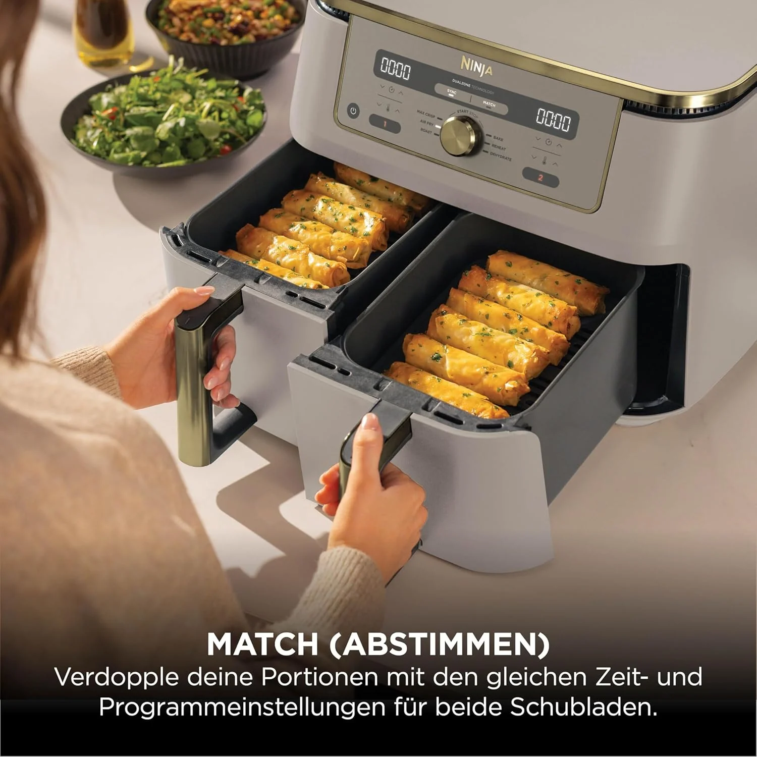 Ninja DZ400EUSGD Foodi Dual Zone Heißluftfritteuse 9,5L – 6 Funktionen, 2470W, Stone Gold