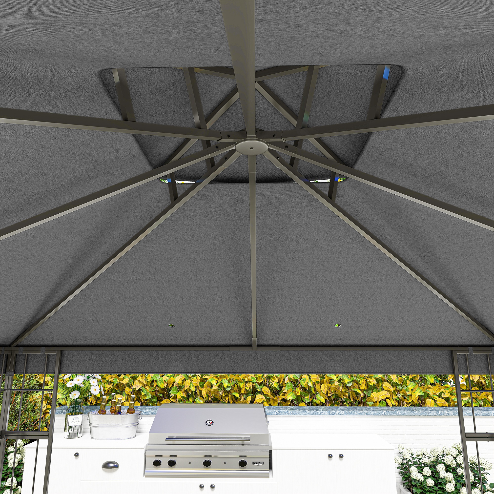 Outsunny 3 x 3 m Tuinpaviljoen, 2-Laags Dakontwerp, UV30+ Bescherming, UV-bestendig, Zonbescherming, Metalen Frame, Donkergrijs