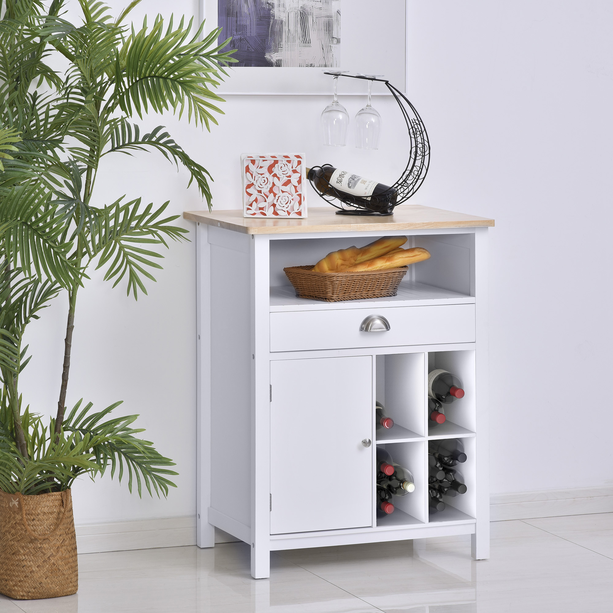 HOMCOM Küchenschrank, Weinschrank, Beistellschrank mit Schublade und Weinregal, Kommode, Sideboard für Küche, Wohnzimmer, Badezimmerschrank, Weiß, 70 x 45 x 88 cm