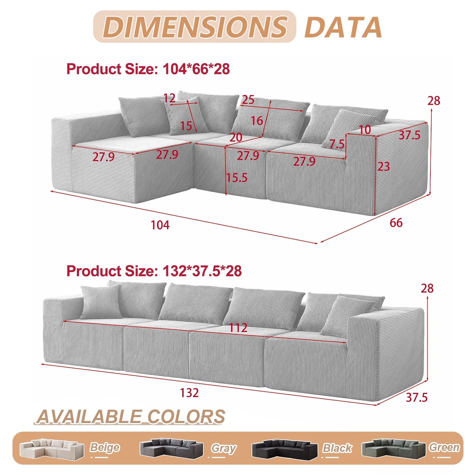 104-Inch Corduroy Modular L Shaped Sectional Sofa,Luxury Floor Couch Set,Upholstered Indoor Furniture,Foam-Filled Compressed Sofa for Living Room,Bedroom,4 PC Free Combination  ?