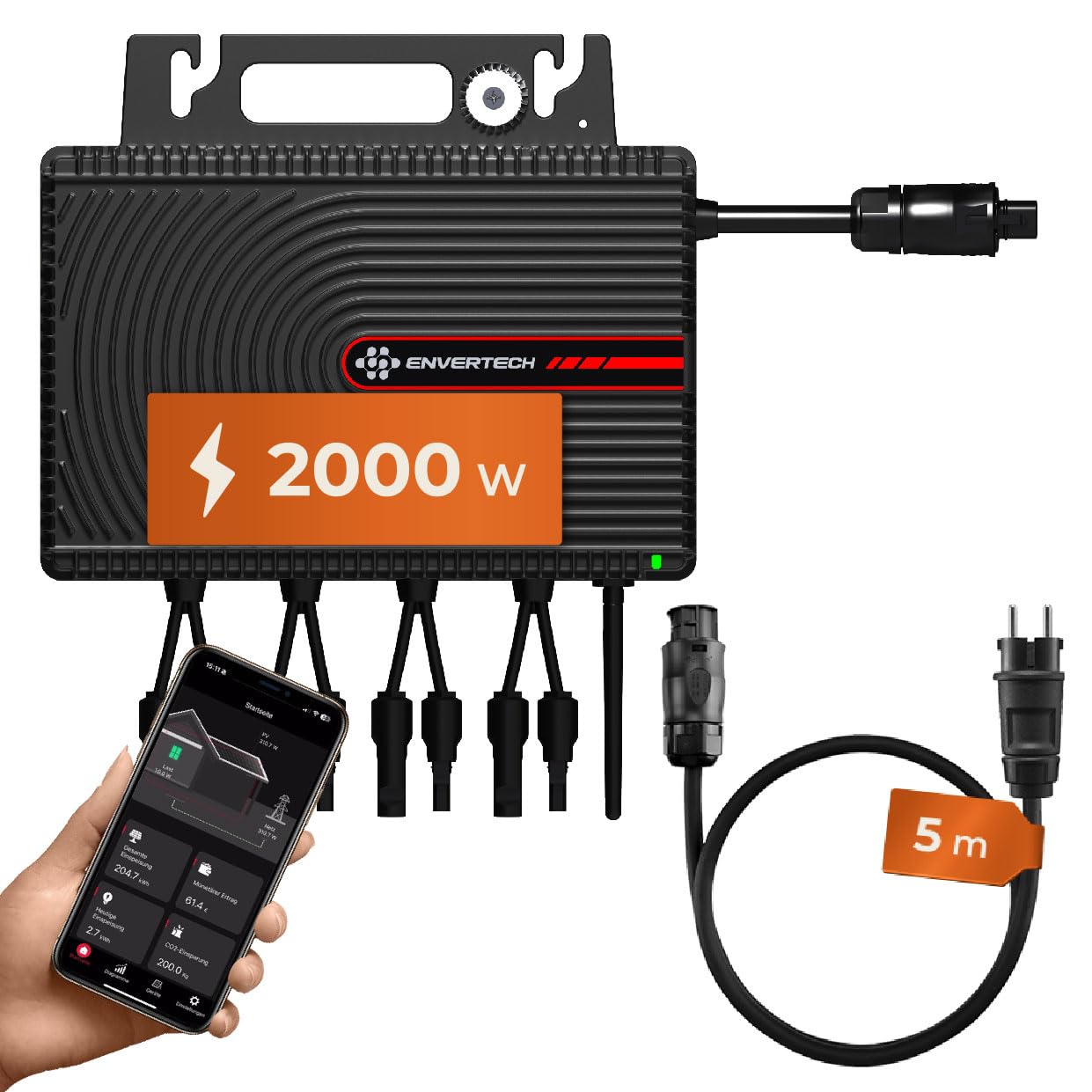Mikro-Wechselrichter 2000W EVT-2000-SE für 4 PV-Module, mit App- und WLAN-Steuerung sowie 5m AC-Kabel und 8x2m DC-Kabel