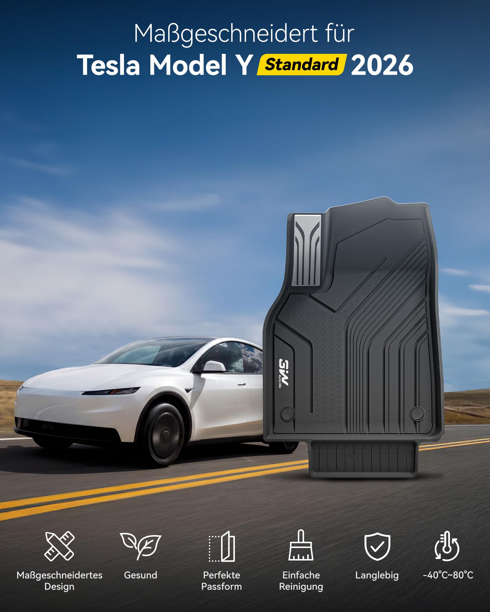 Fußmatten und Kofferraumwanne Set Model Y Standard 2026 6-teilig aus TPE Schwarz wasserdicht rutschfest
