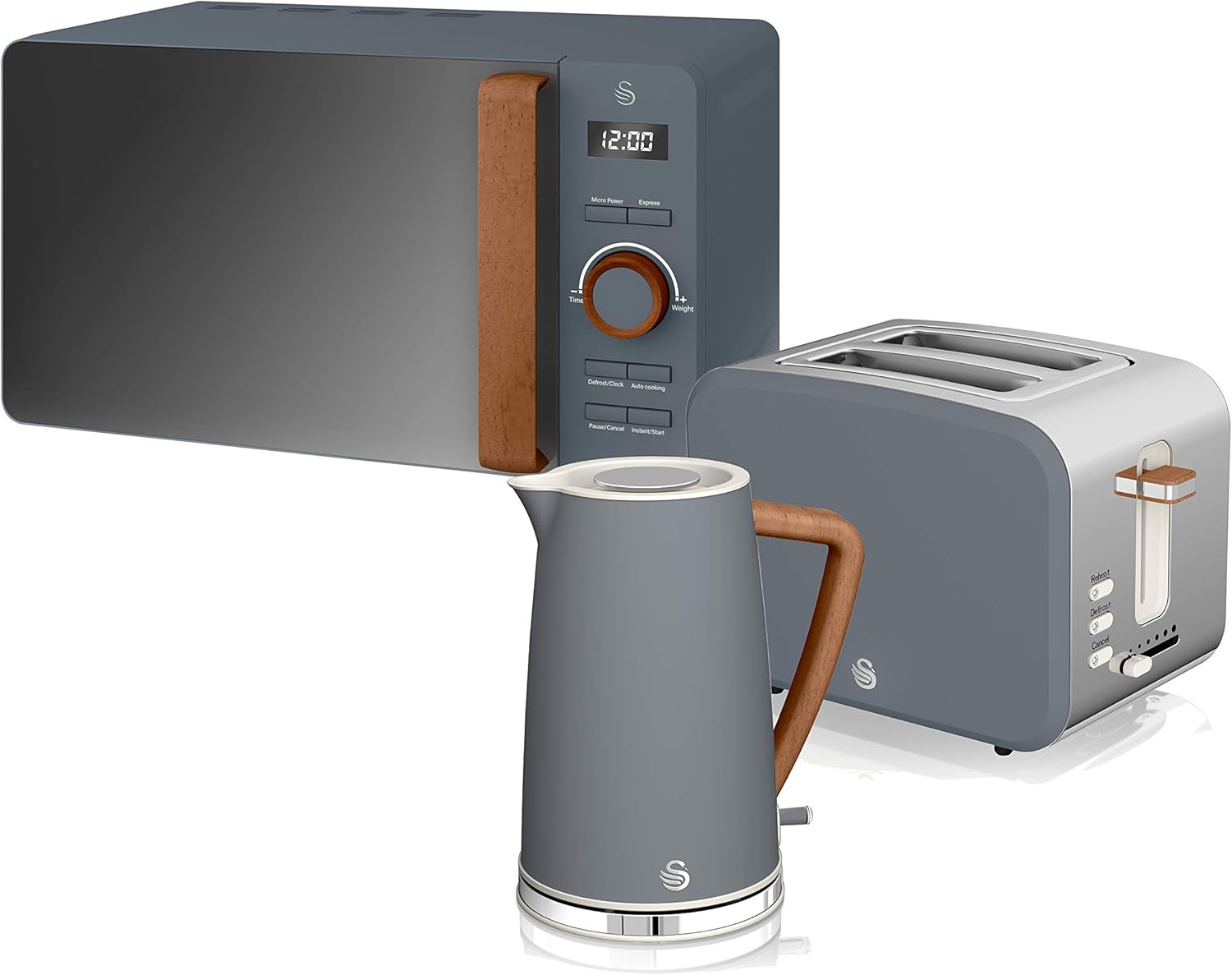 Swan Nordic Frühstücksset, Wasserkocher, 1,7 l, 2200 W, Breitschlitz-Toaster, 2 Scheiben, digitale Mikrowelle 20 l, modernes Design, Holzoptik, grau