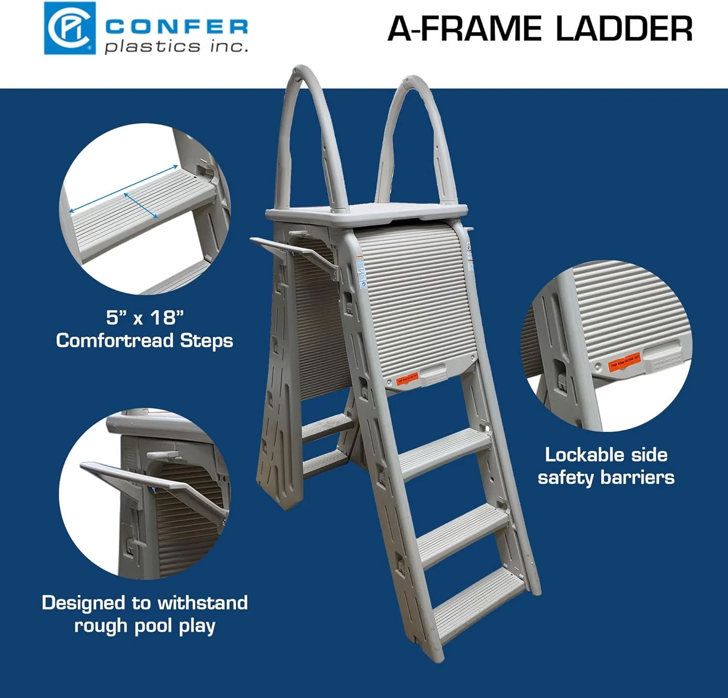 confer plastics a-frame 7200 above ground adjustable pool roll-guard safety ladder