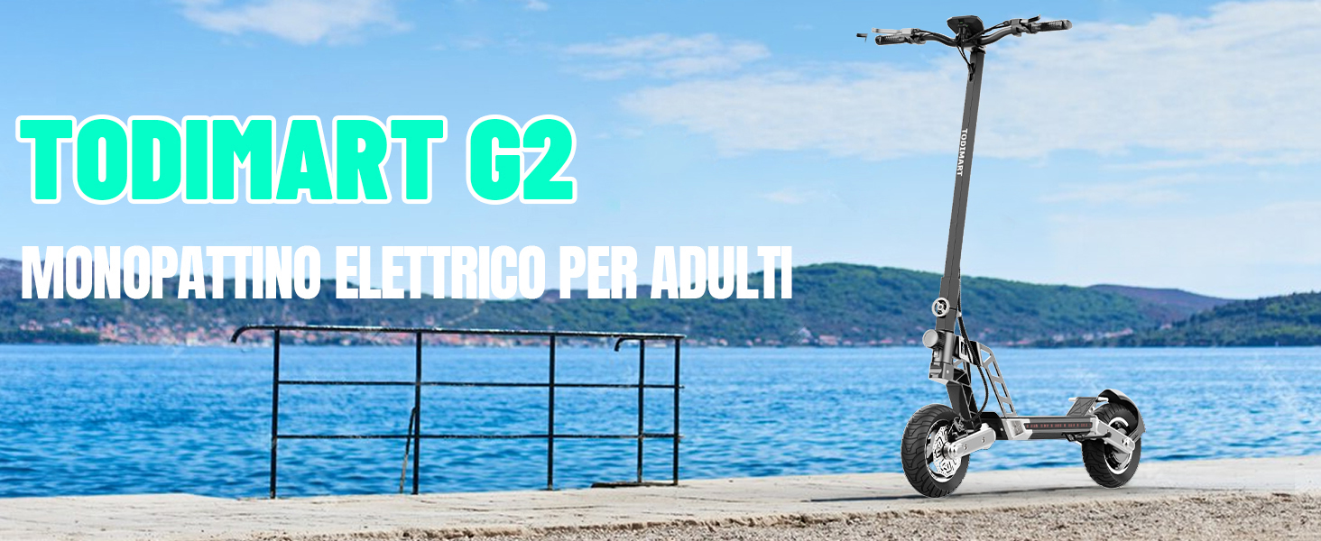 Scooter elettrico con ruote grandi parcheggiato su una passerella costiera. Presenta un ampio ponte, manubrio pieghevole e telaio robusto. Mare blu e montagne visibili sullo sfondo