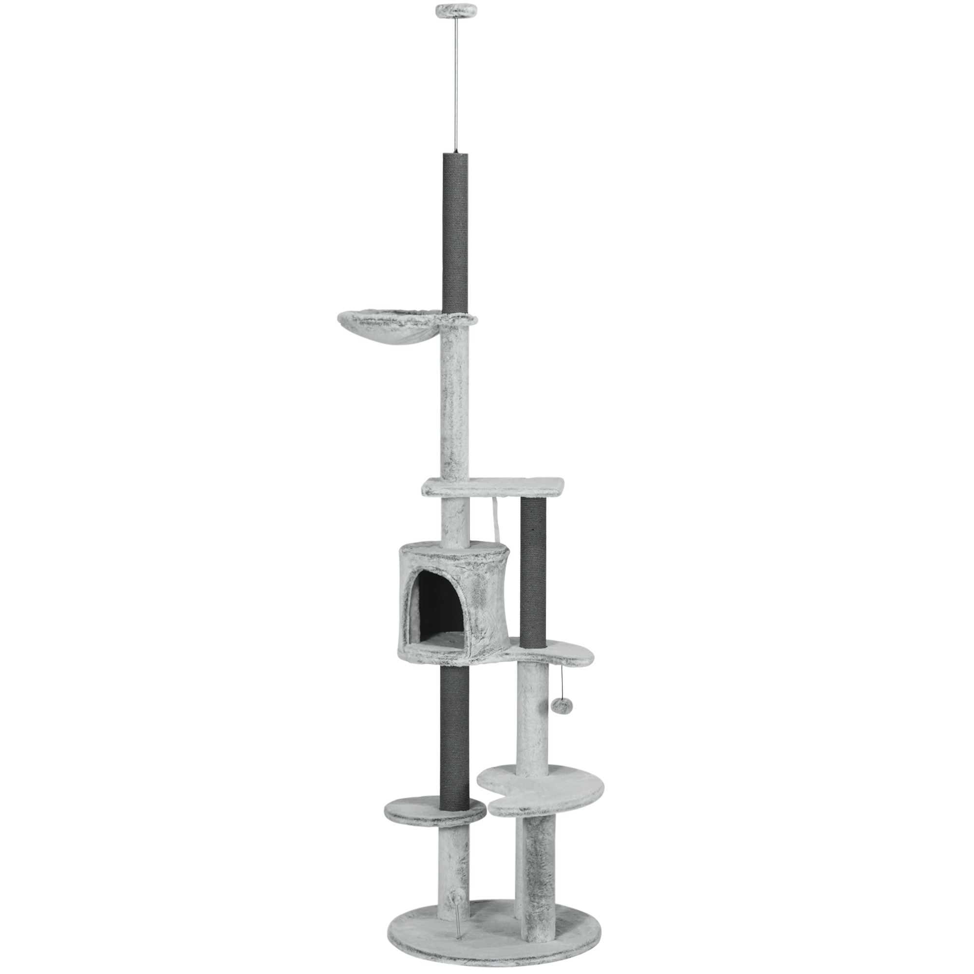 PawHut Kratzbaum mit Deckenspanner, Hängematte, Haus, Plattformen, Spielball, 225-255cm, Grau