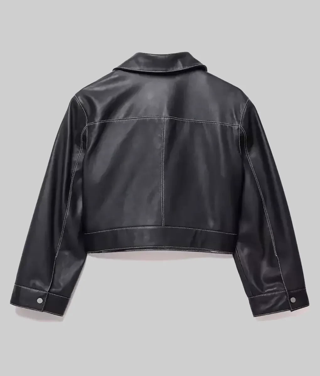Lauren Black Leather Cropped Trucker Jacket