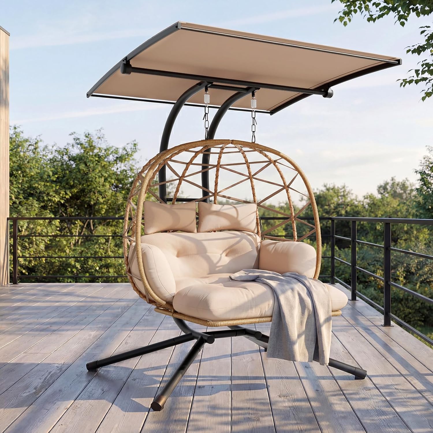 UDPATIO Hängesessel Outdoor mit Gestell, Hängeschaukel mit Sonnendach & Fußablage, Hängestuhl bis 280KG für 2 Personen, Verstellbare Kuppel & Dicke Kissen, Schaukel Sessel Garten, Balkon, Beige