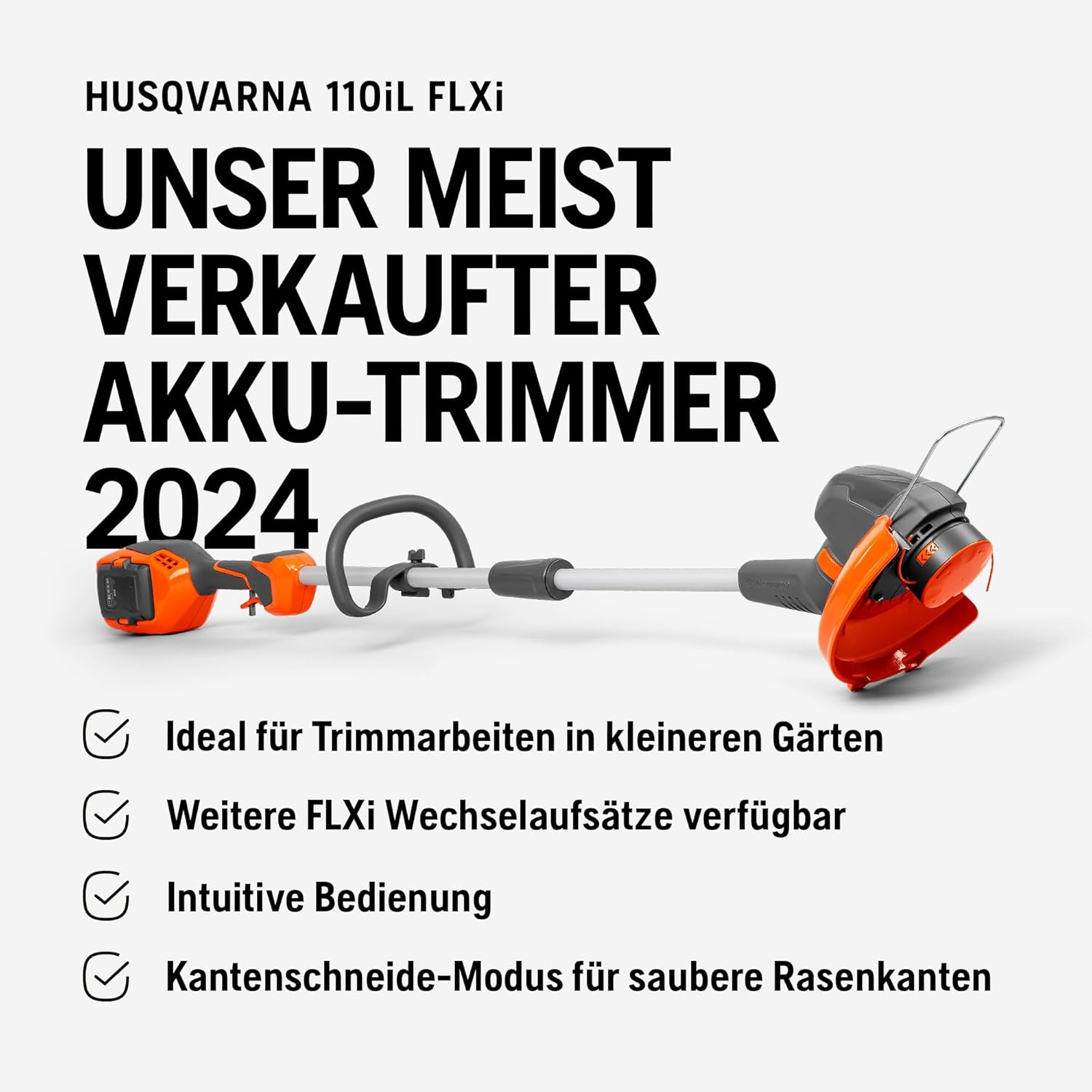 Husqvarna 110iL 36V Akku-Rasentrimmer – Leichtes, leises, vielseitiges Multifunktions-Werkzeug mit Kantenschneide-Modus, Pflanzenschutzbügel und Wechselaufsatz-Kompatibilität (inkl. Akku & Ladegerät)