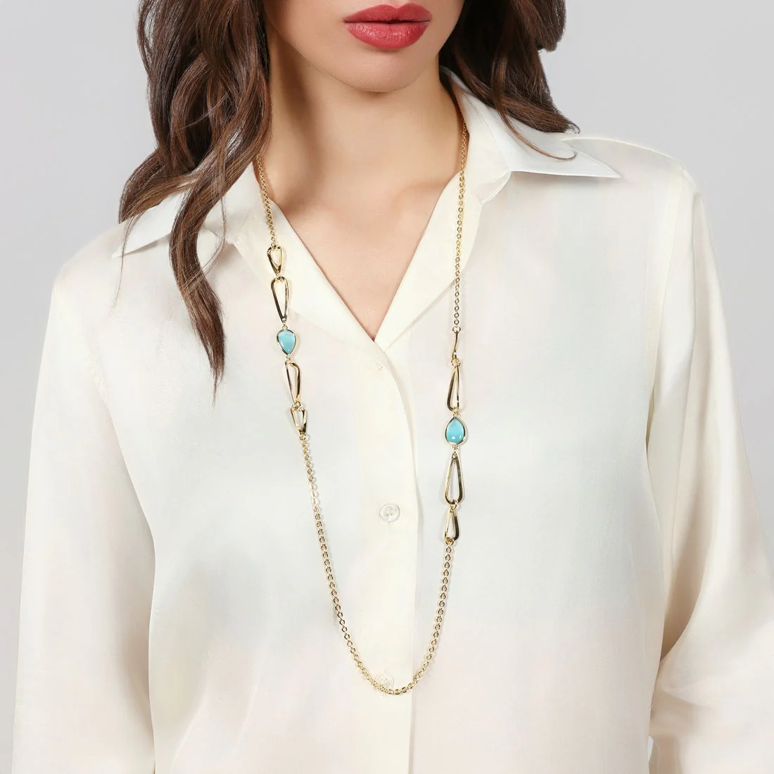 Collana lunga Unoaerre catena fantasia Joya con goccia azzurra dorata 2834