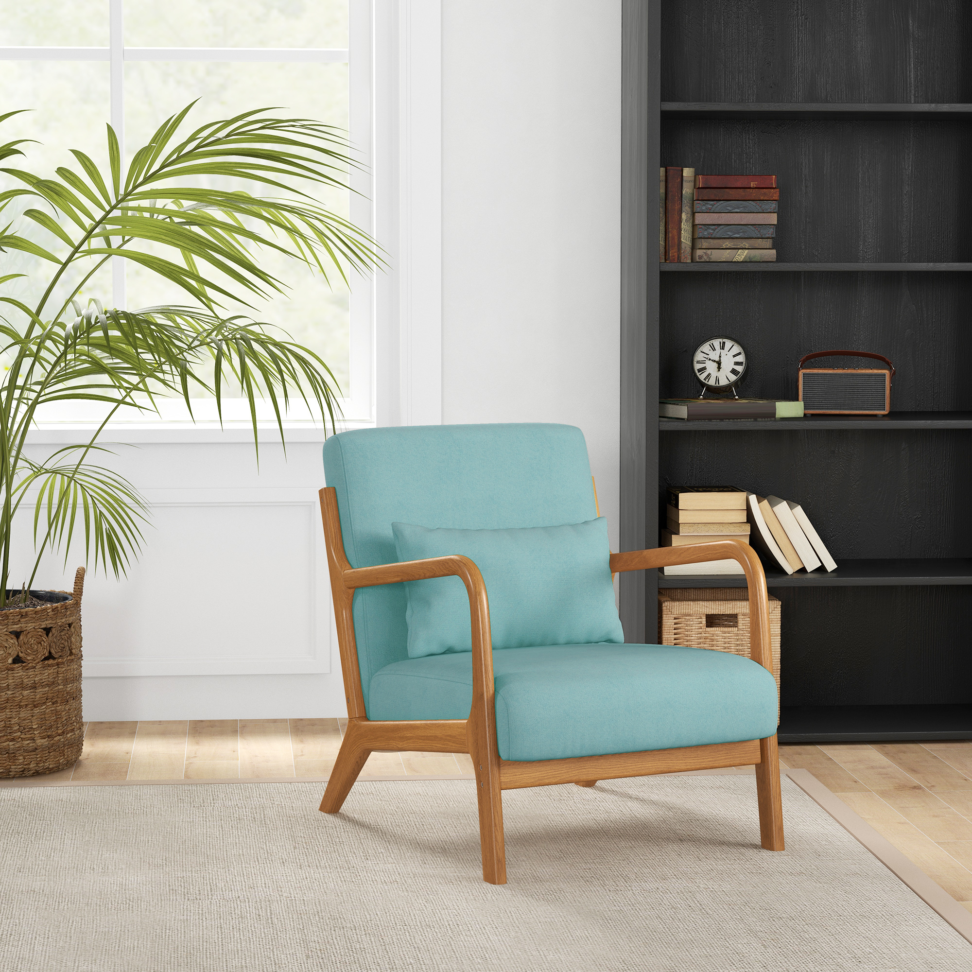 HOMCOM Lounge-Sessel mit Massivholzrahmen Lounge-Sessel - tiefe Sitzfläche - Armlehnen - Blauer Samtstoff