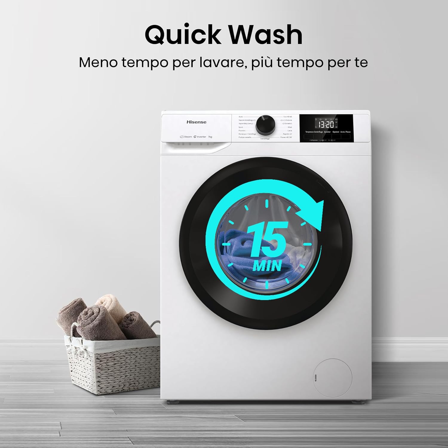 Hisense WFVB7012EM Front Load Washing Machine 7 kg 1200 rpm 15 Programs Steam LED Display Rapid Program Delay Start Child Lock