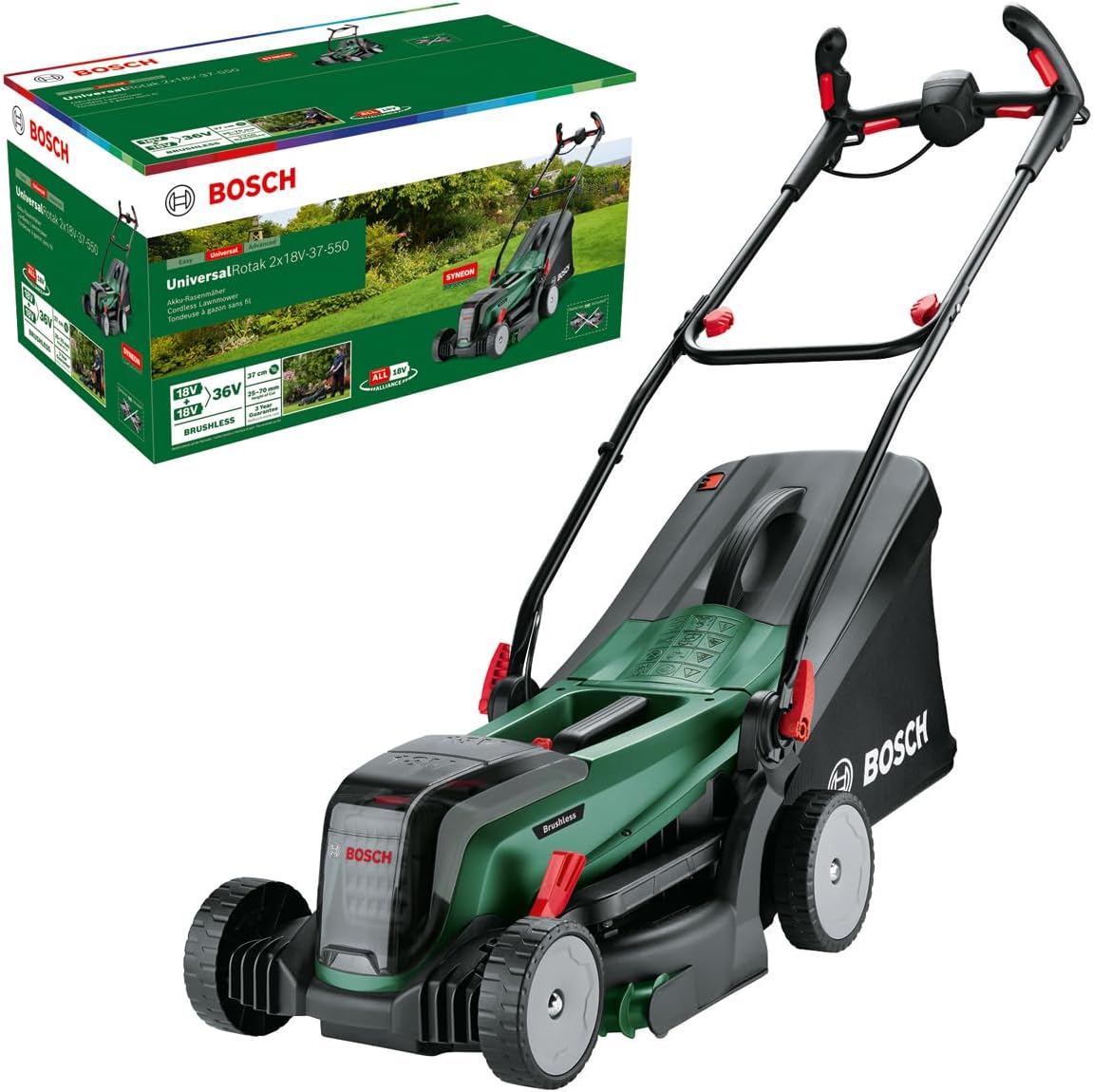 Bosch Tagliaerba/Tosaerba a batteria UniversalRotak 2x18V-37-550 (fino a 500 m2 con 2 batterie da 4,0 Ah; 18 Volt System; larghezza di taglio: 37 cm; senza batterie)