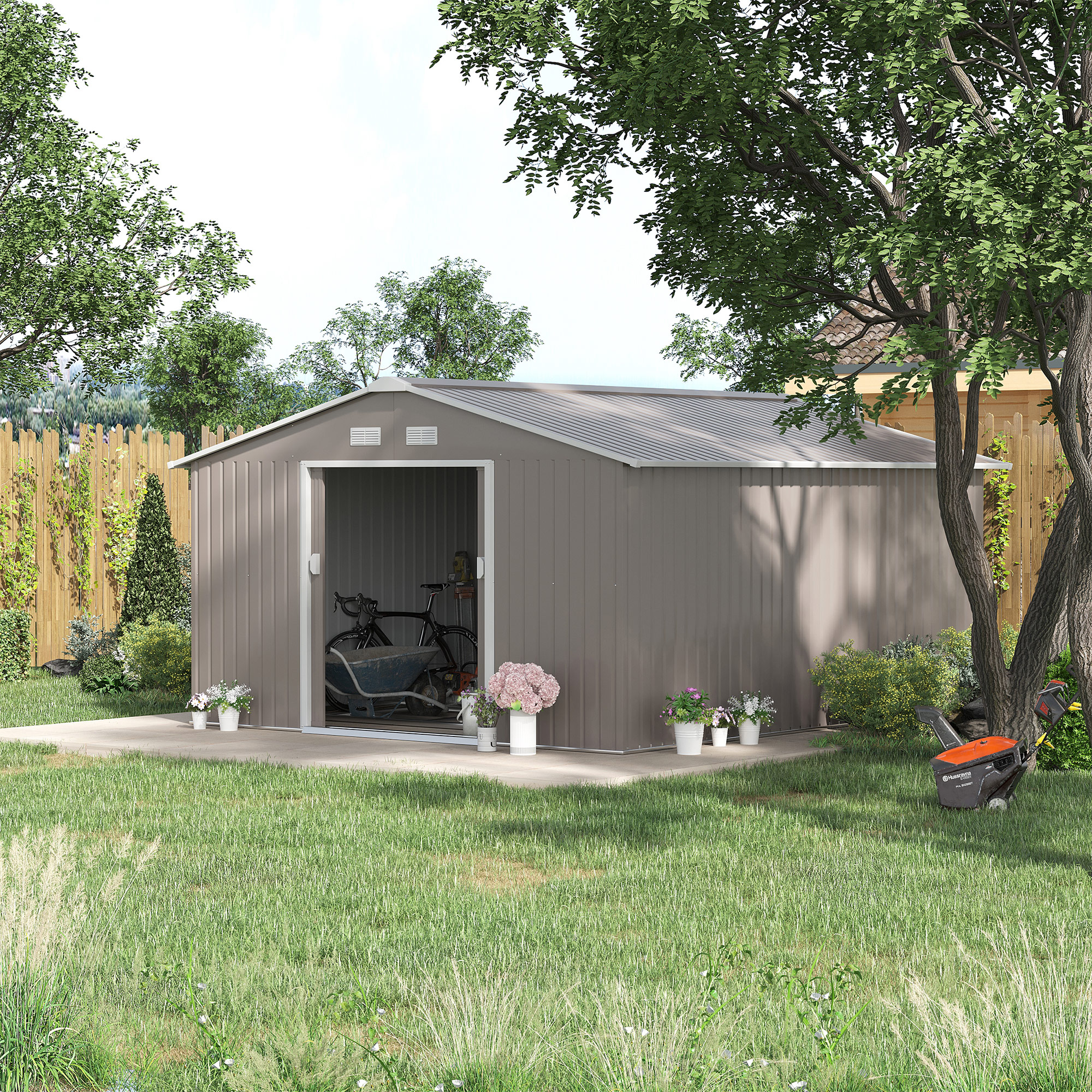 Outsunny Geräteschuppen, Wetterfestes Gartenhaus für Gartengeräte, mit Belüftungsfenstern, Schiebetüren, Stahl, Hellgrau