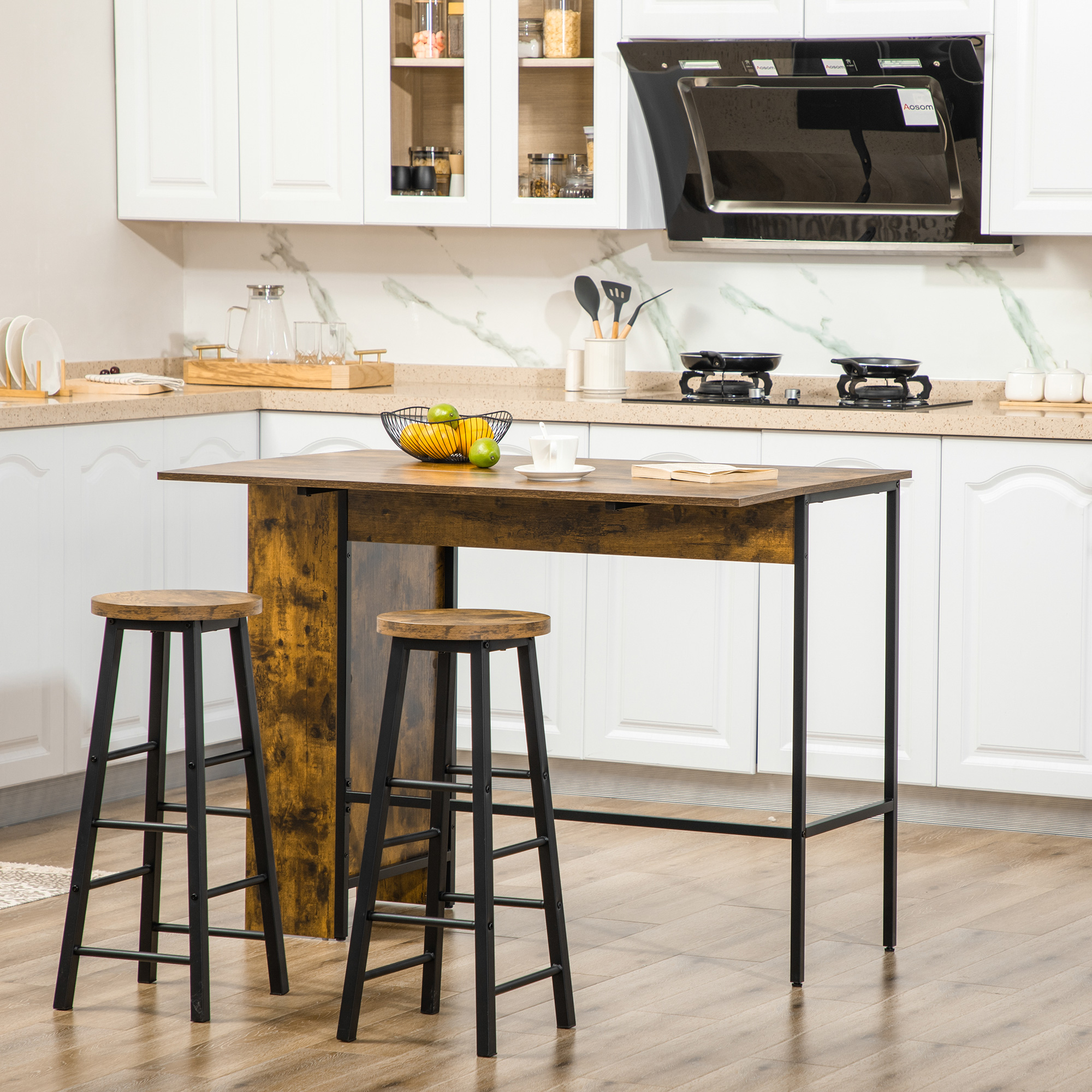 HOMCOM Klappbarer Bartisch mit 3 Regalen im Industrie Design 120 cm x 76 cm x 91,4 cm Braun