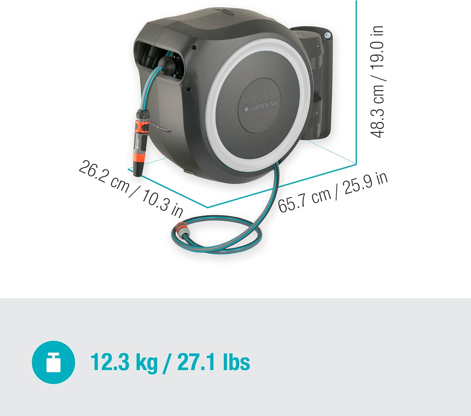Gardena Wand-Schlauchbox RollUp L (weiß) 30 m exklusiv für Amazon: Schwenkbare Schlauchbox, integrierte Schlauchführung, inkl. 30 m Gardena Qualitätsschlauch, Reinigungsspritze und Brause (18627-38)