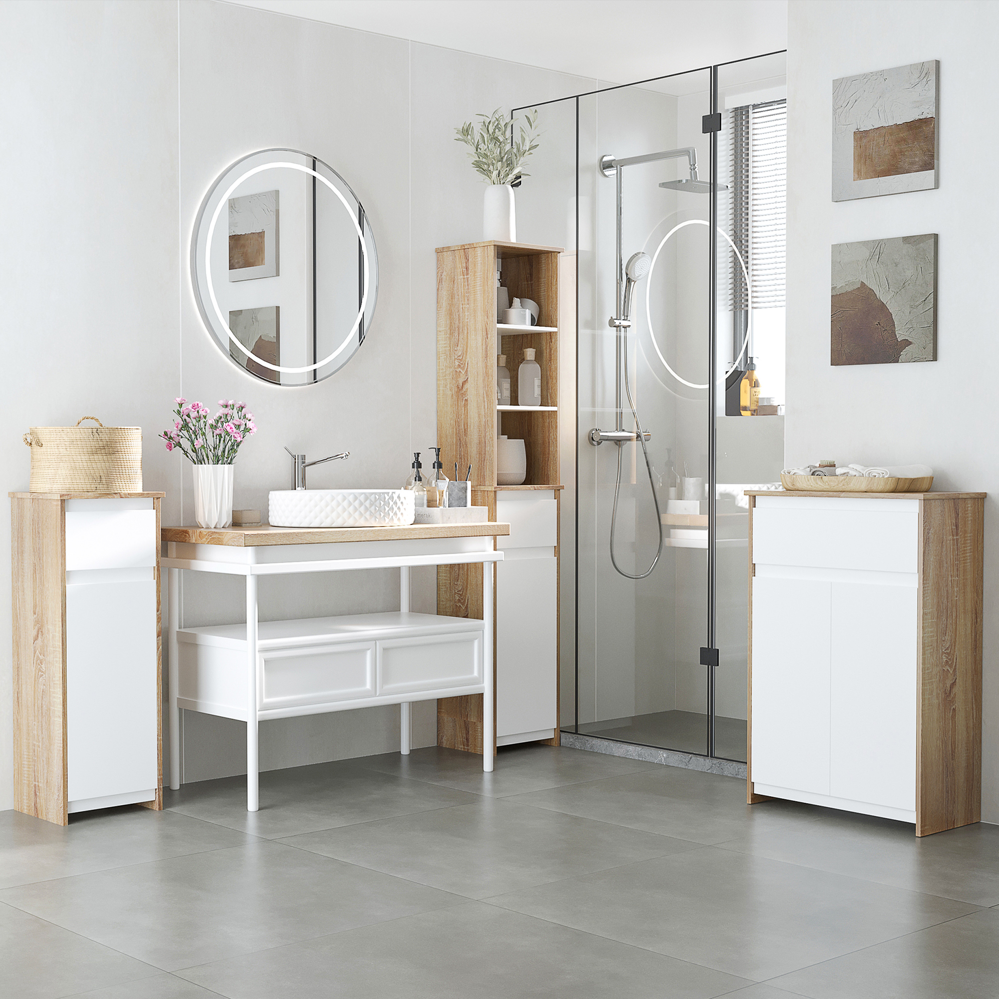 kleankin Badschrank Badkommode Badezimmerschrank Badregal Standschrank mit 2-stufigen Schrank und 1 Schublade Umschlagdesign platzsparend MDF Naturholz+Weiß 32,6 x 30 x 90 cm