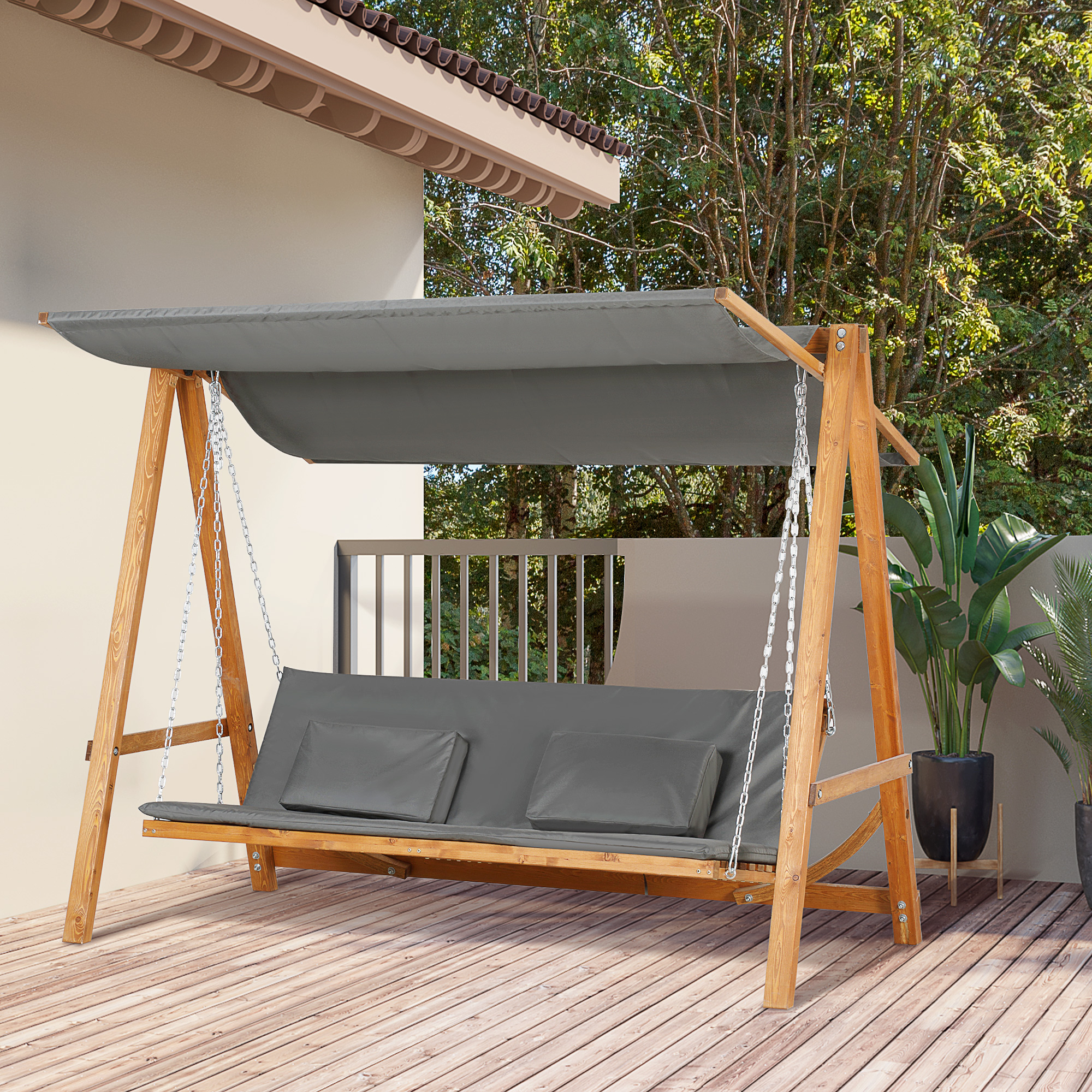 Outsunny Hollywoodschaukel mit Bettfunktion 3-Sitzer Gartenschaukel Holzschaukel mit verstellbarem Sonnendach Schaukelbank belast 250kg Gartenliege für Terrasse, 225,5 x 113 x 180 cm Grau+Teak
