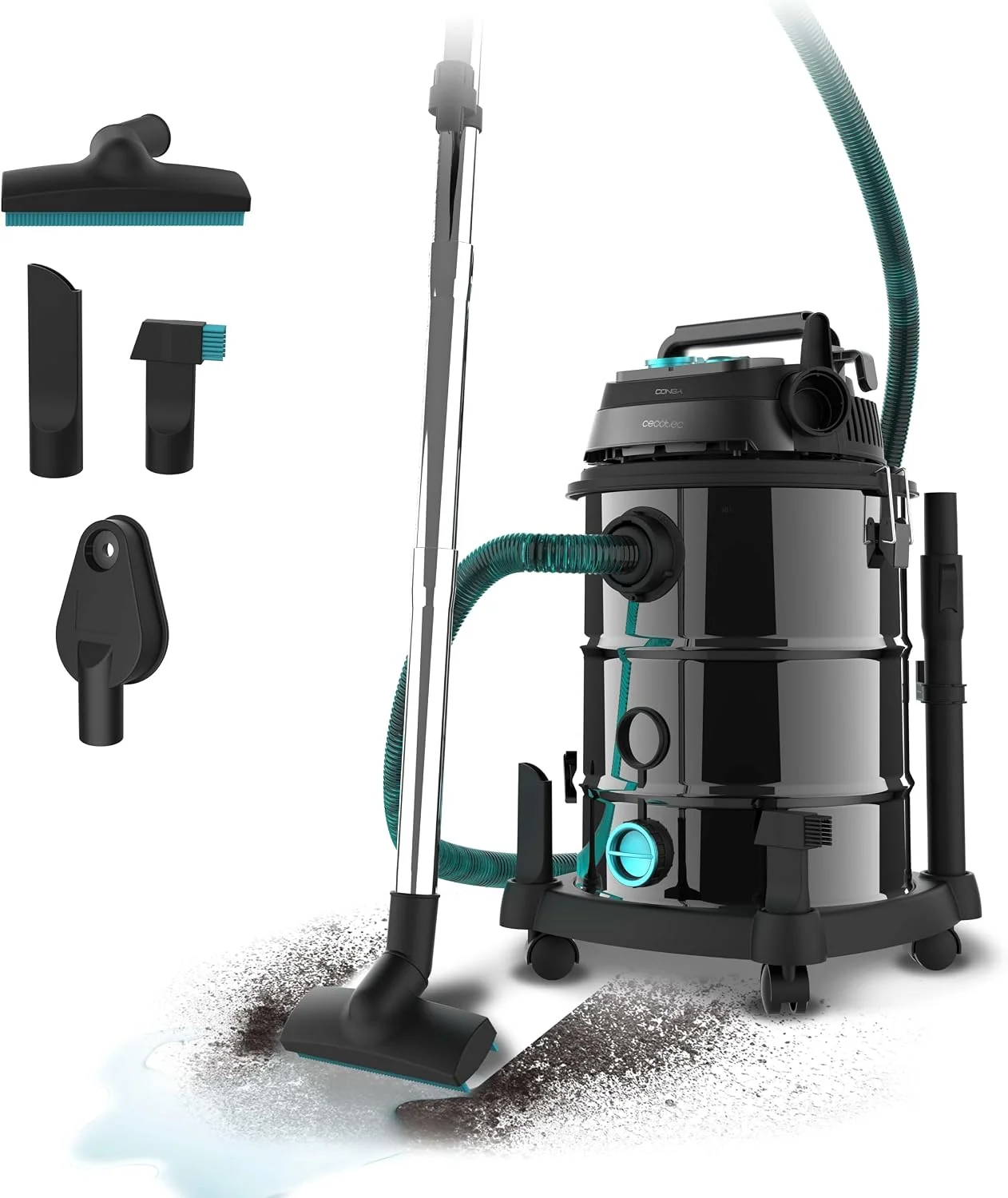 Cecotec Staubsauger, 1600 W, 30 L, Schwarz/Türkis, für Feste Stoffe und Flüssigkeiten Conga Rockstar Wet & Dry, enthält Steckdose für Werkzeuge