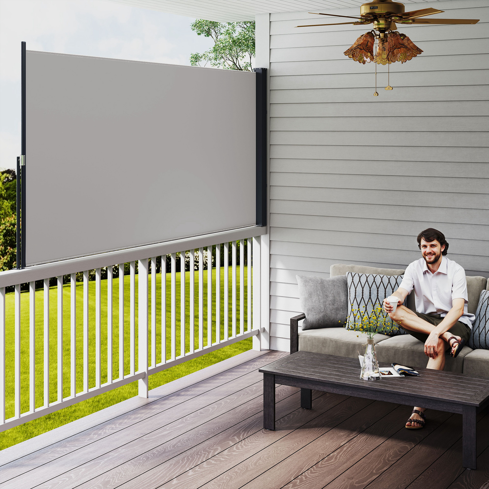 Outsunny Seitenmarkise, Seitenrollo, ausziehbar, Sichtschutz, Aluminium/Polyester, 3 x 1,4 m, Hellgrau